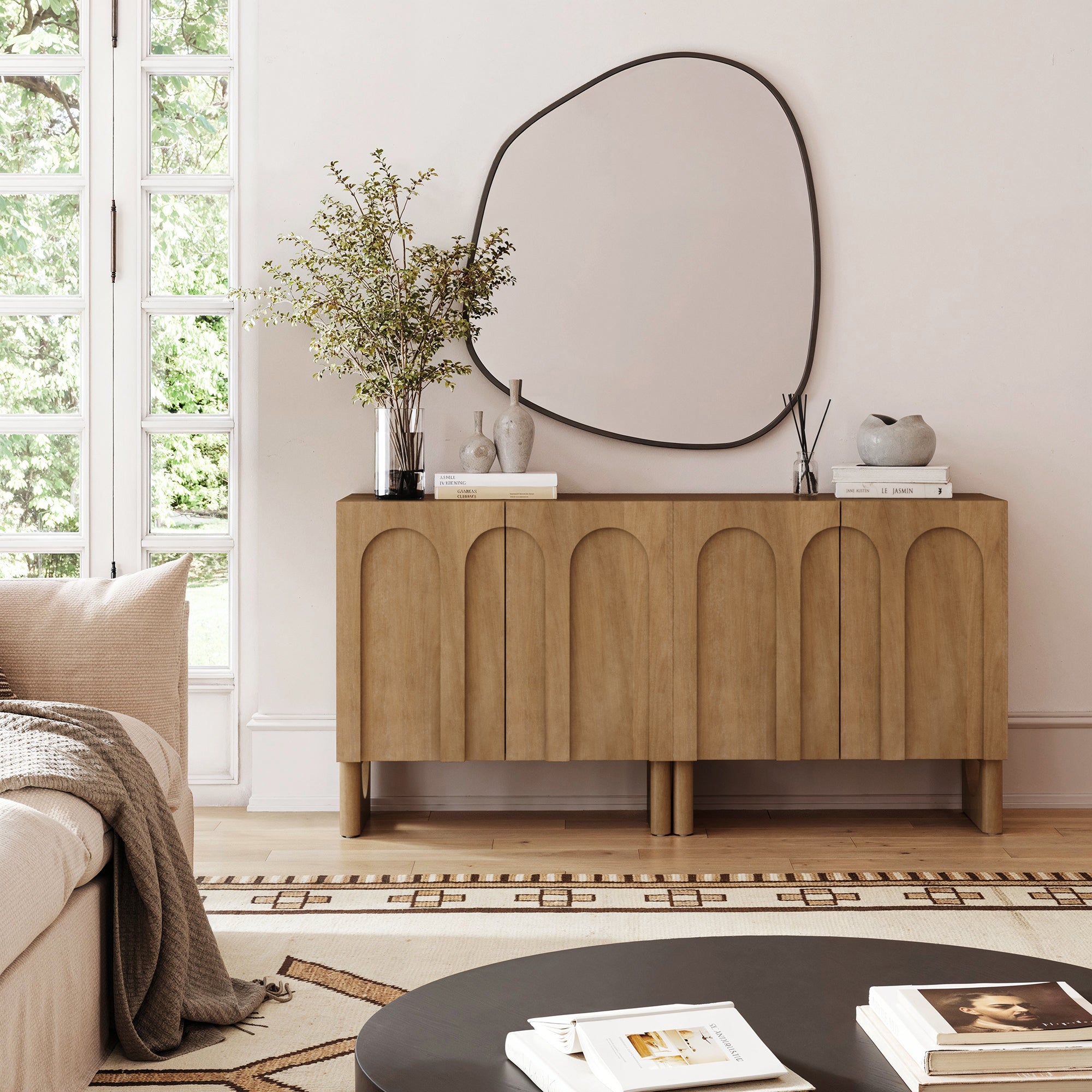 Wood Storage Cabinet with Arched Doors Light Brown