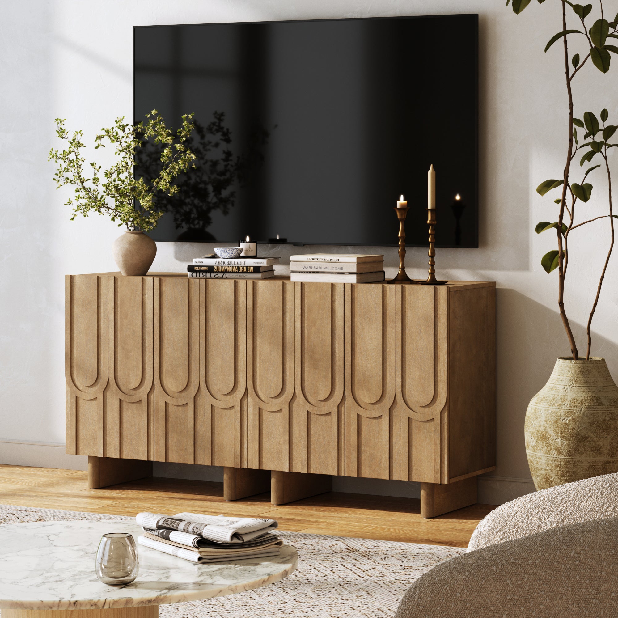 Mid Century Style Credenza with Geometric Carved Doors Light Brown (Set of 2) - Nathan James