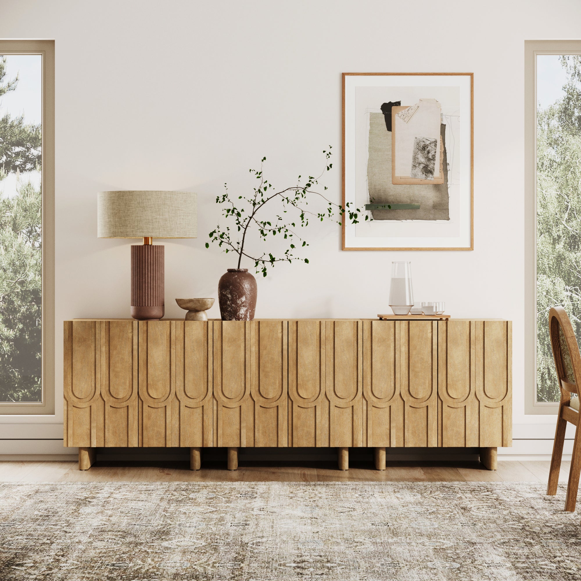 Mid Century Style Credenza with Geometric Carved Doors Light Brown (Set of 3) - Nathan James
