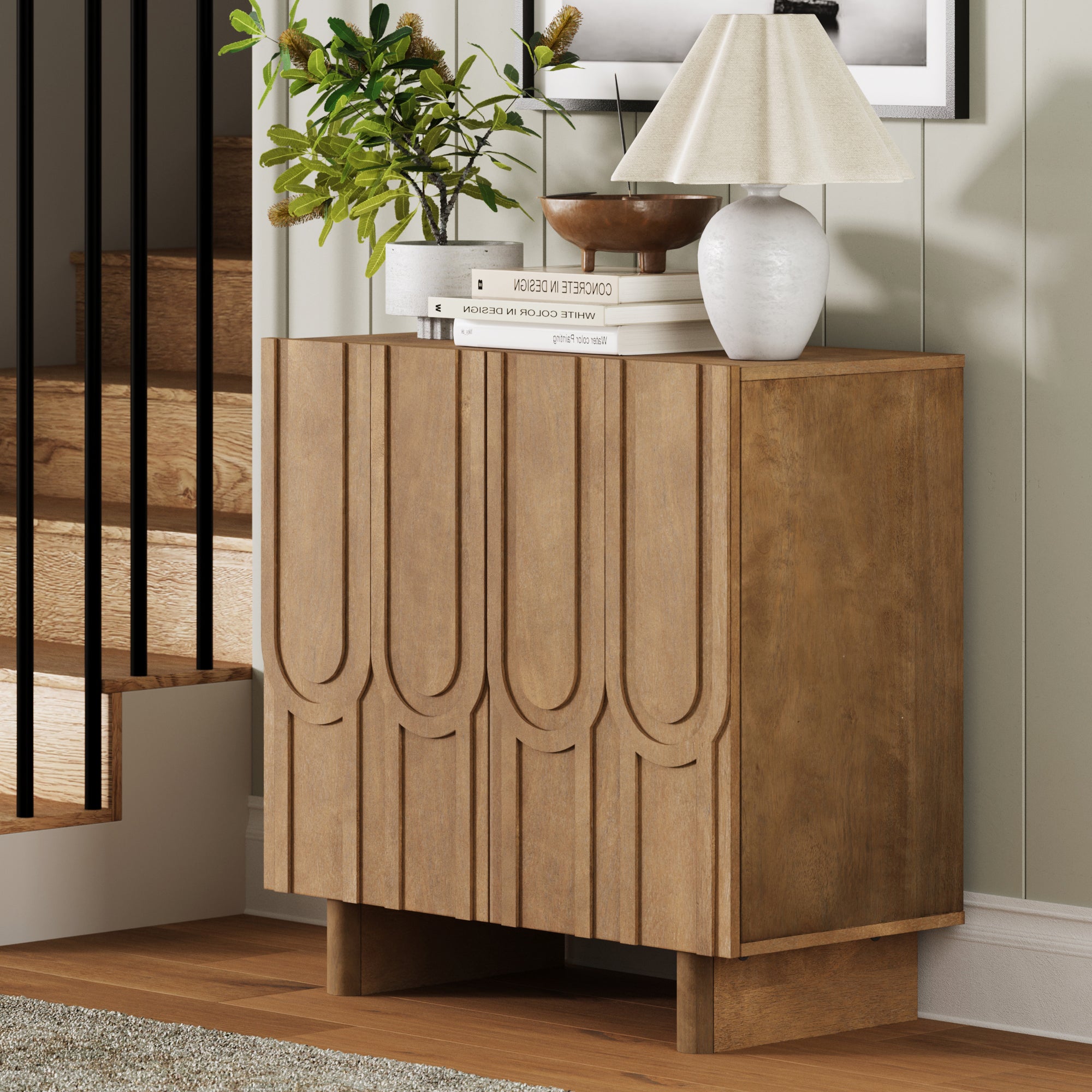 Mid Century Style Credenza with Geometric Carved Doors Light Brown