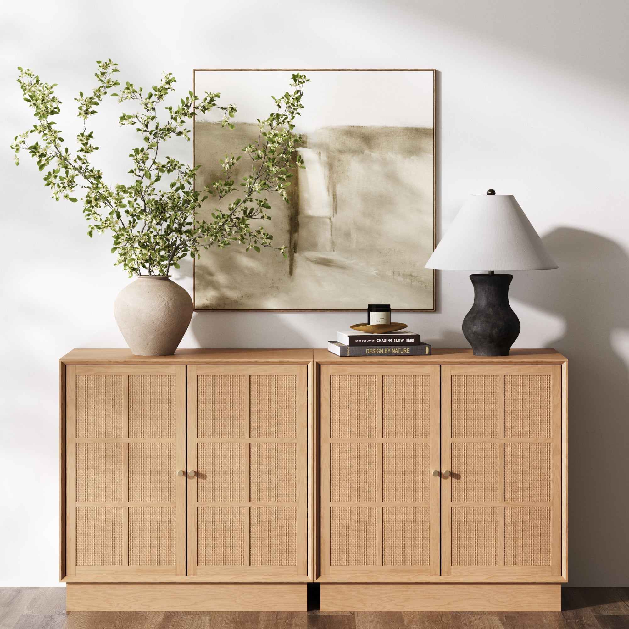 Modern Coastal Rattan Wood Sideboard Storage Cabinet Raw Oak (Set of 2) - Nathan James