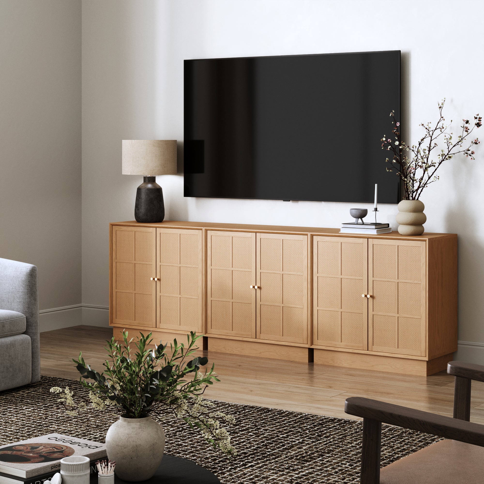 Elise TV Console Wood Seagrass Shelf Light Brown 75