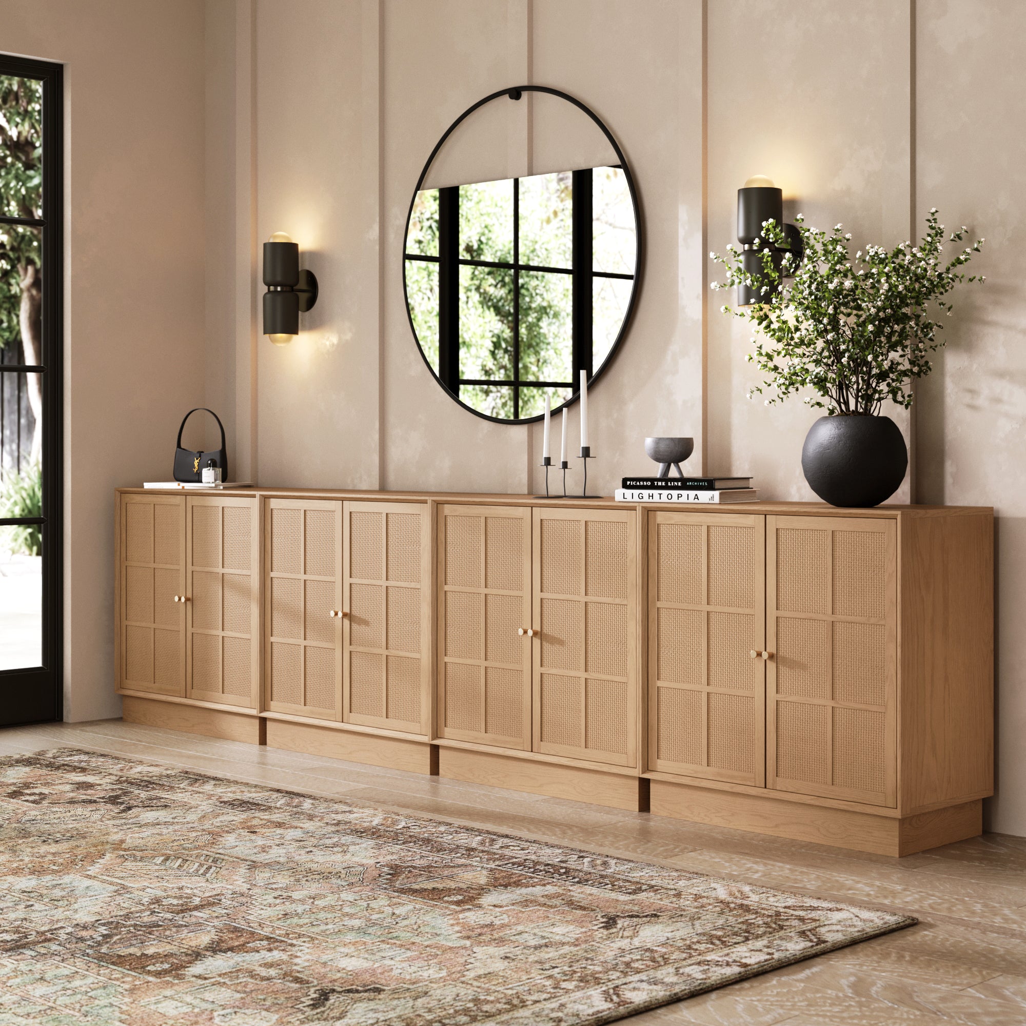 ナチュラルウッドキャビネット Elise Credenza Rattan Wood Raw Oak Set of 4 | Nathan James