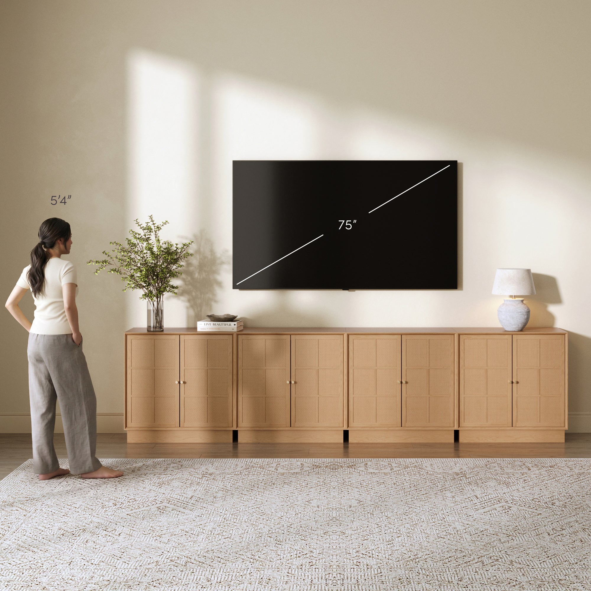 Modern Coastal Raw Oak TV Cabinet Stand for TVs up to 100" with Rattan Doors - Nathan James