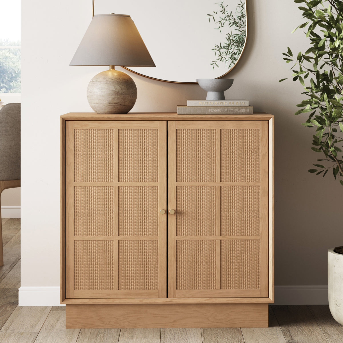 Modern Coastal Rattan Wood Sideboard Storage Cabinet Raw Oak