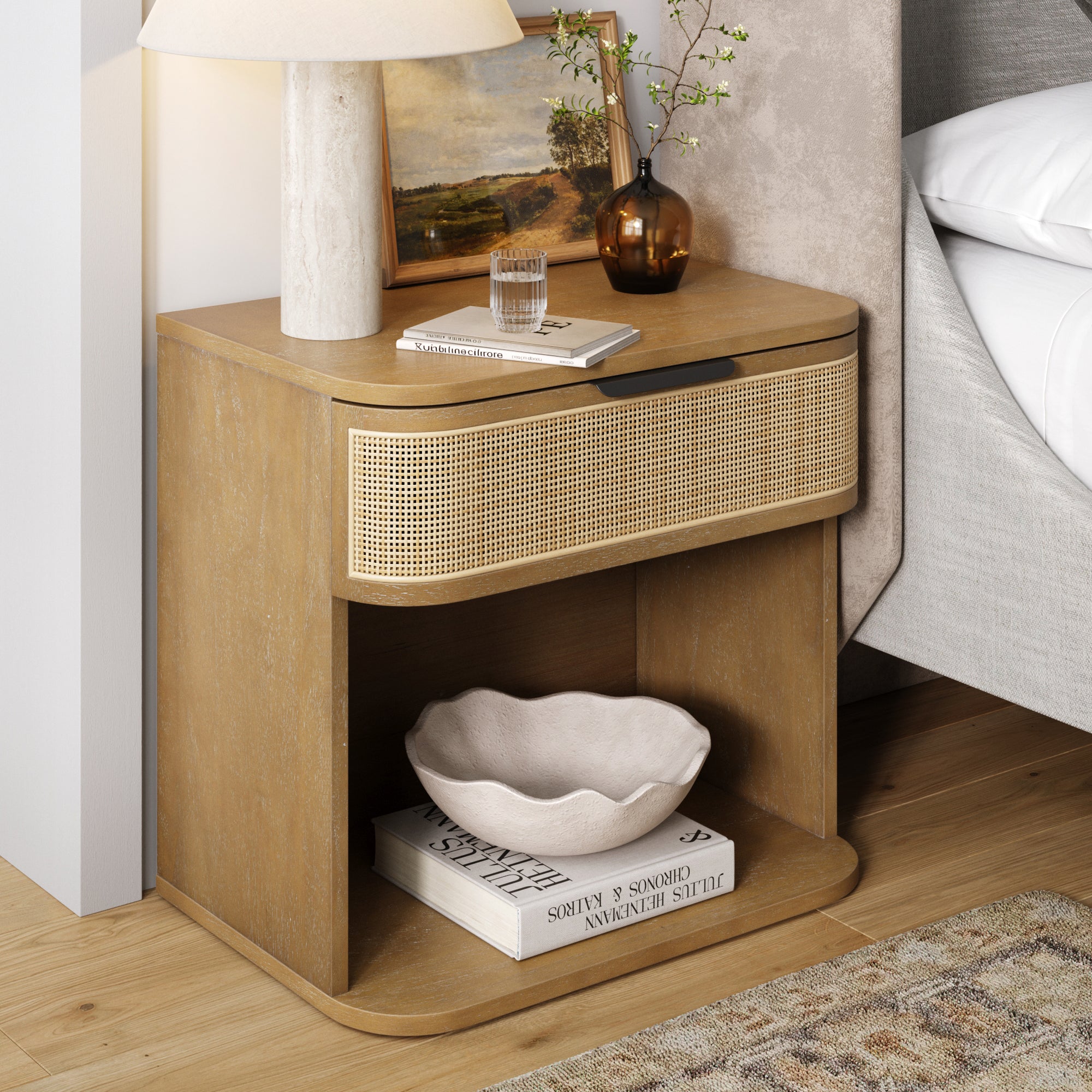 Curved Rattan Nightstand with 1 Drawer Light Brown