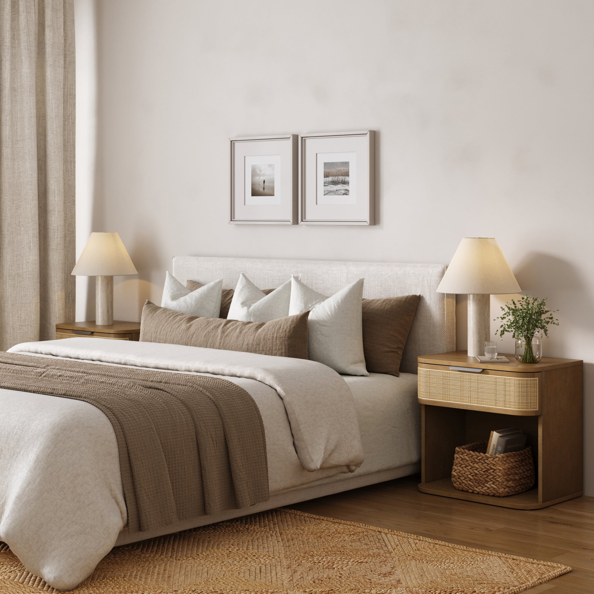 Curved Rattan Nightstand with 1 Drawer Light Brown