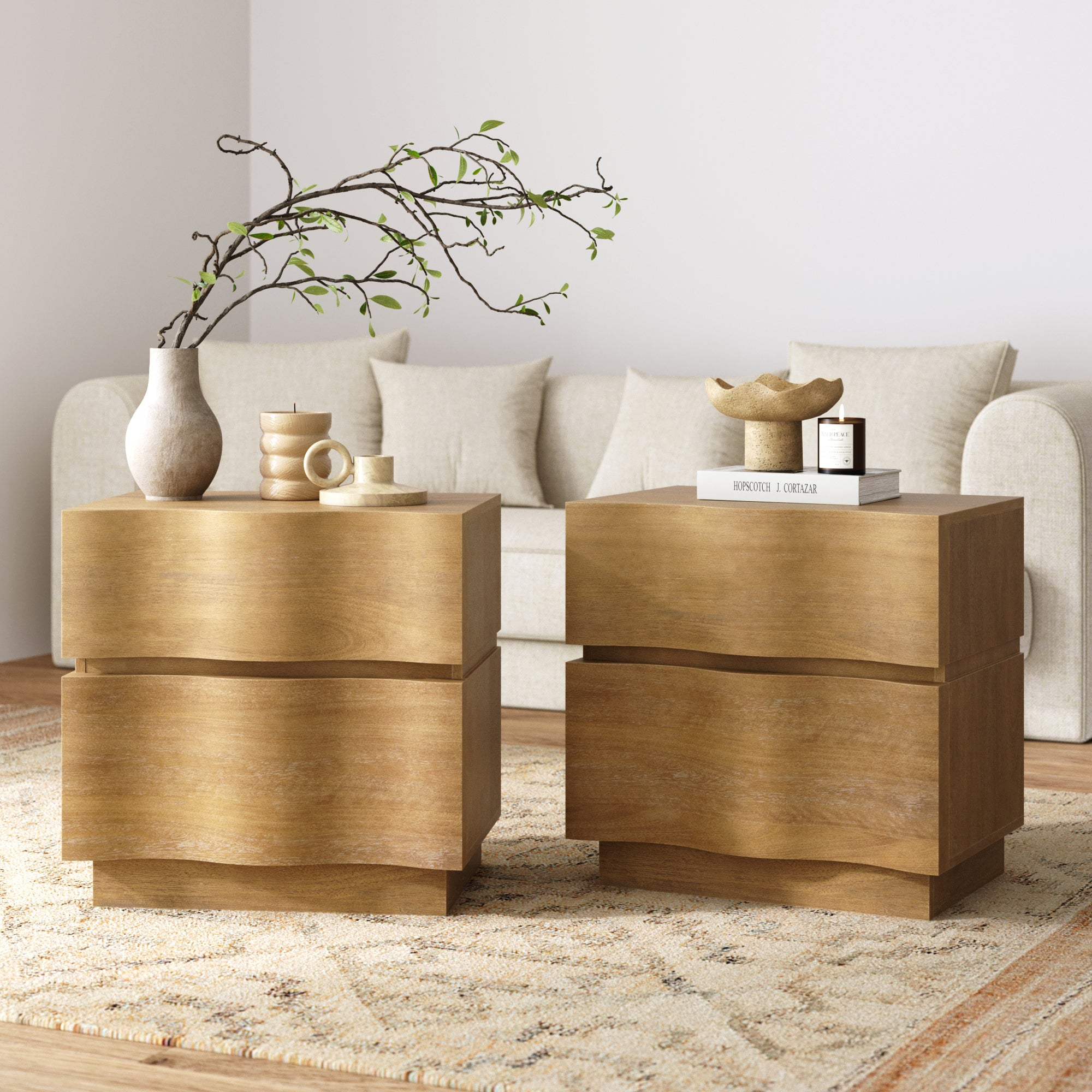Modern Wood 2 - Drawer Nightstand with Wavy Fronts Light Brown (Set of 2) - Nathan James