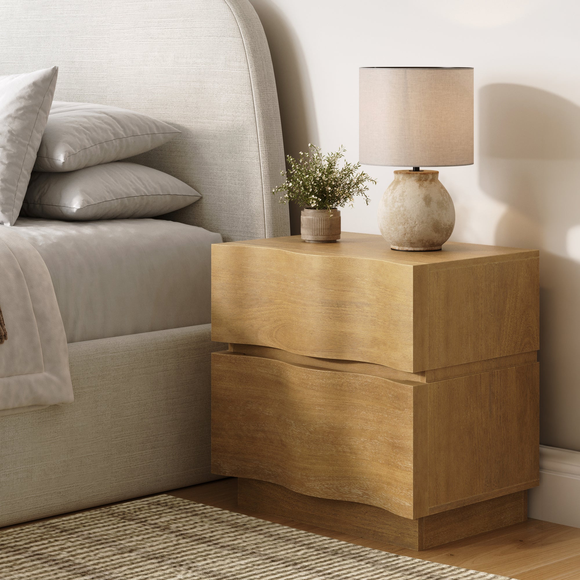 Modern Organic 2 - Drawer Wood Nightstand with Wavy Drawer Fronts Light Brown - Nathan James
