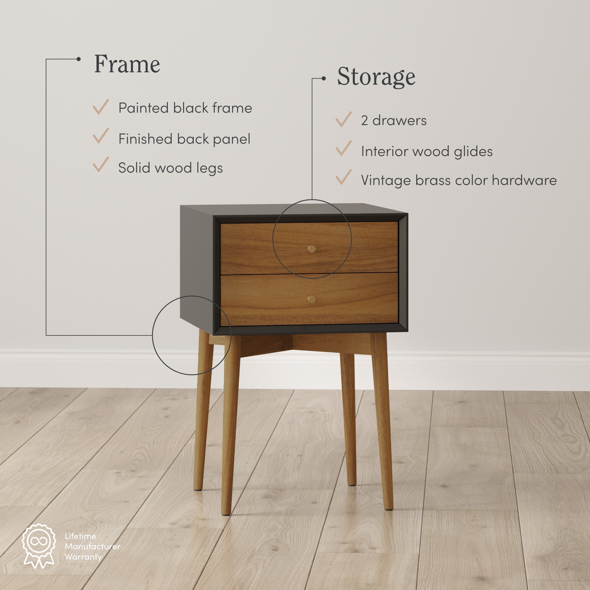 Wood Mid-Century Nightstand Acacia Black - Thumbnail 5