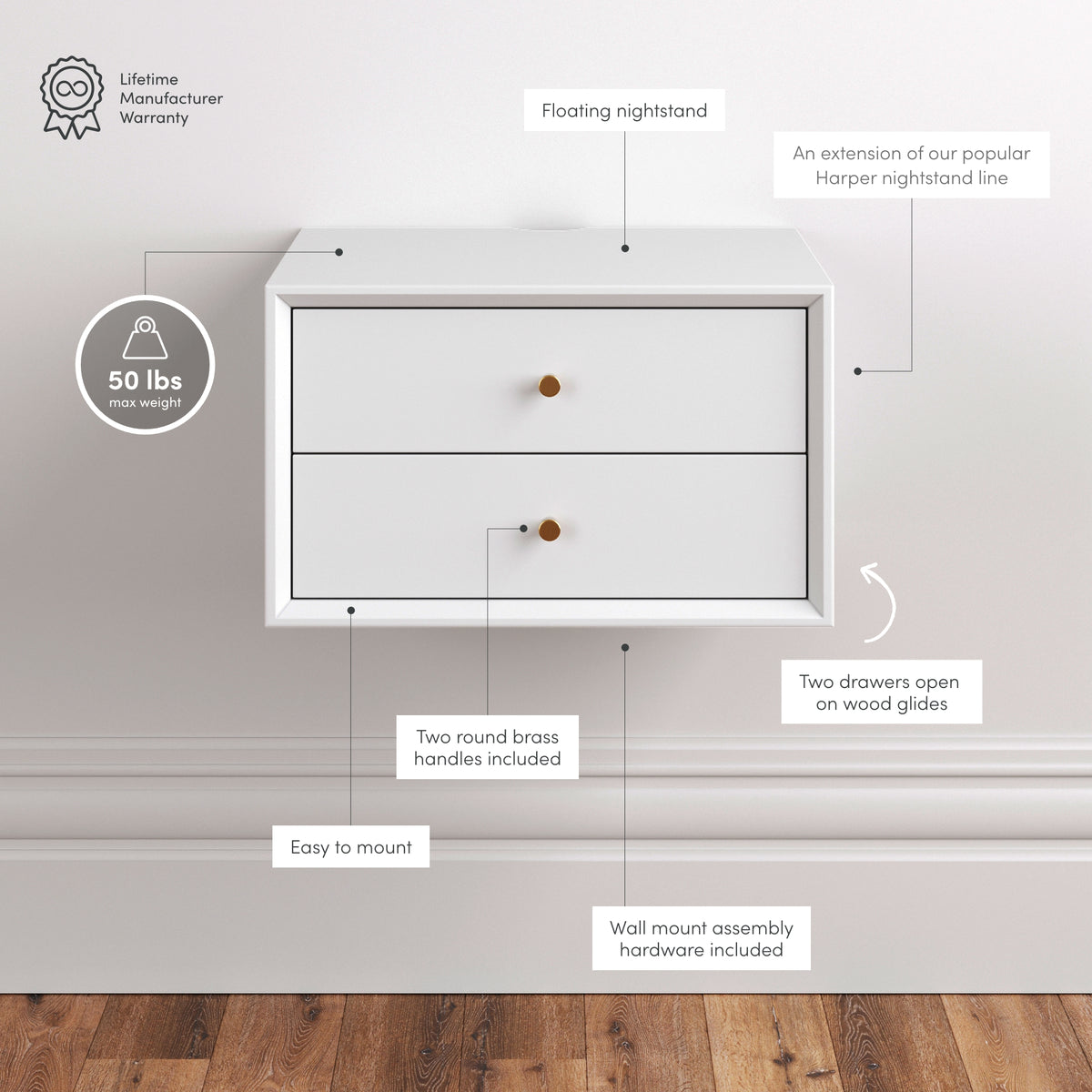 Harper MidCentury Wood Floating Nightstand White Nathan James