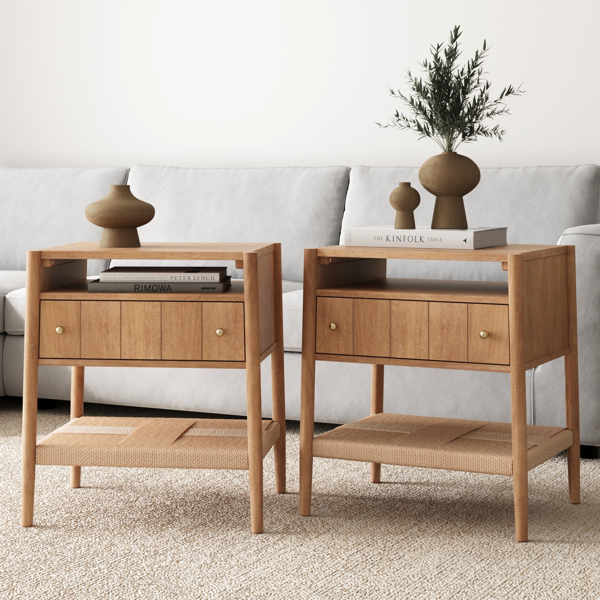 Wood Nightstand with Drawer & Seagrass Storage Light Brown (Set of 2)