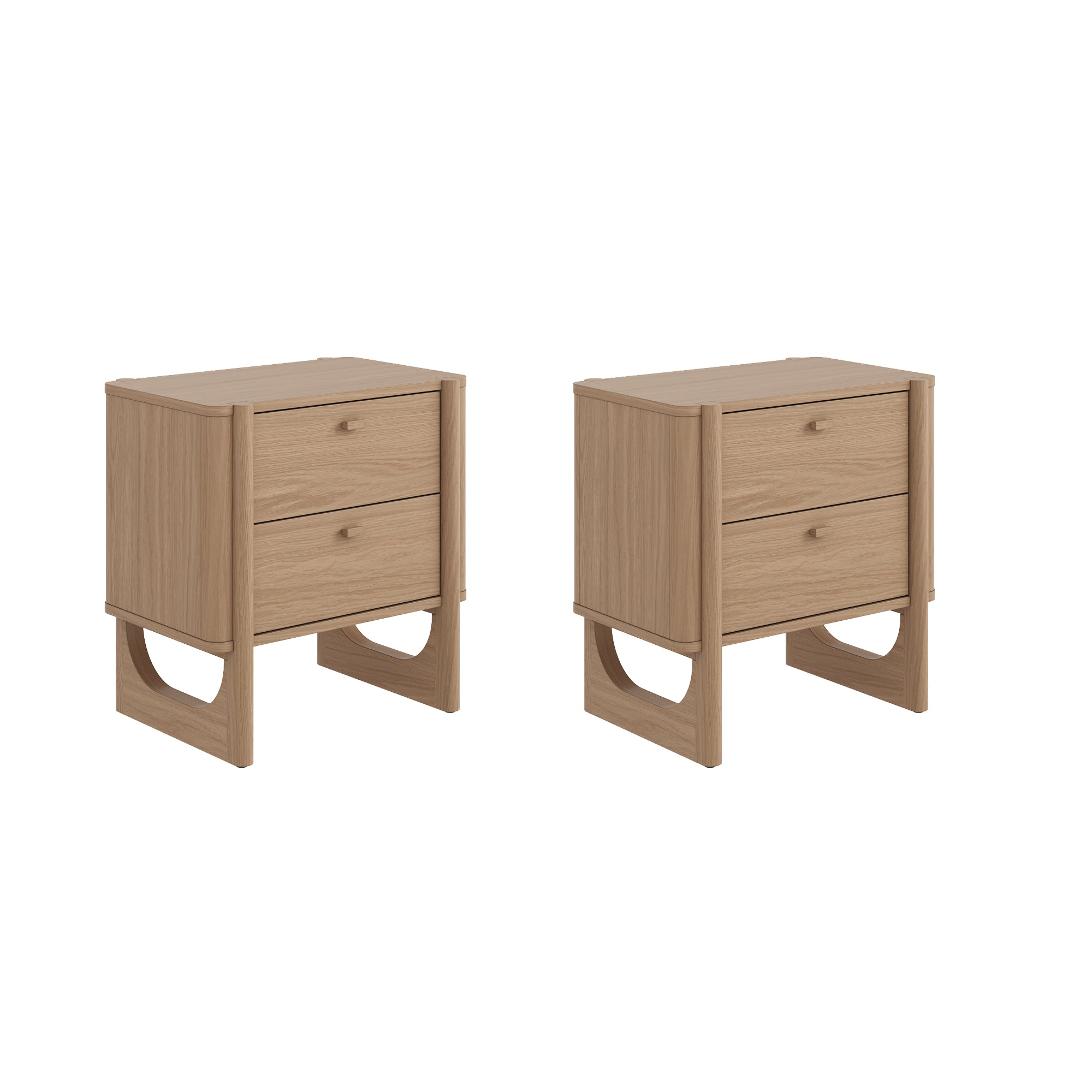 Two identical wooden nightstands with a light wood finish, each featuring two drawers and an open, modern base design, are shown against a plain white background.