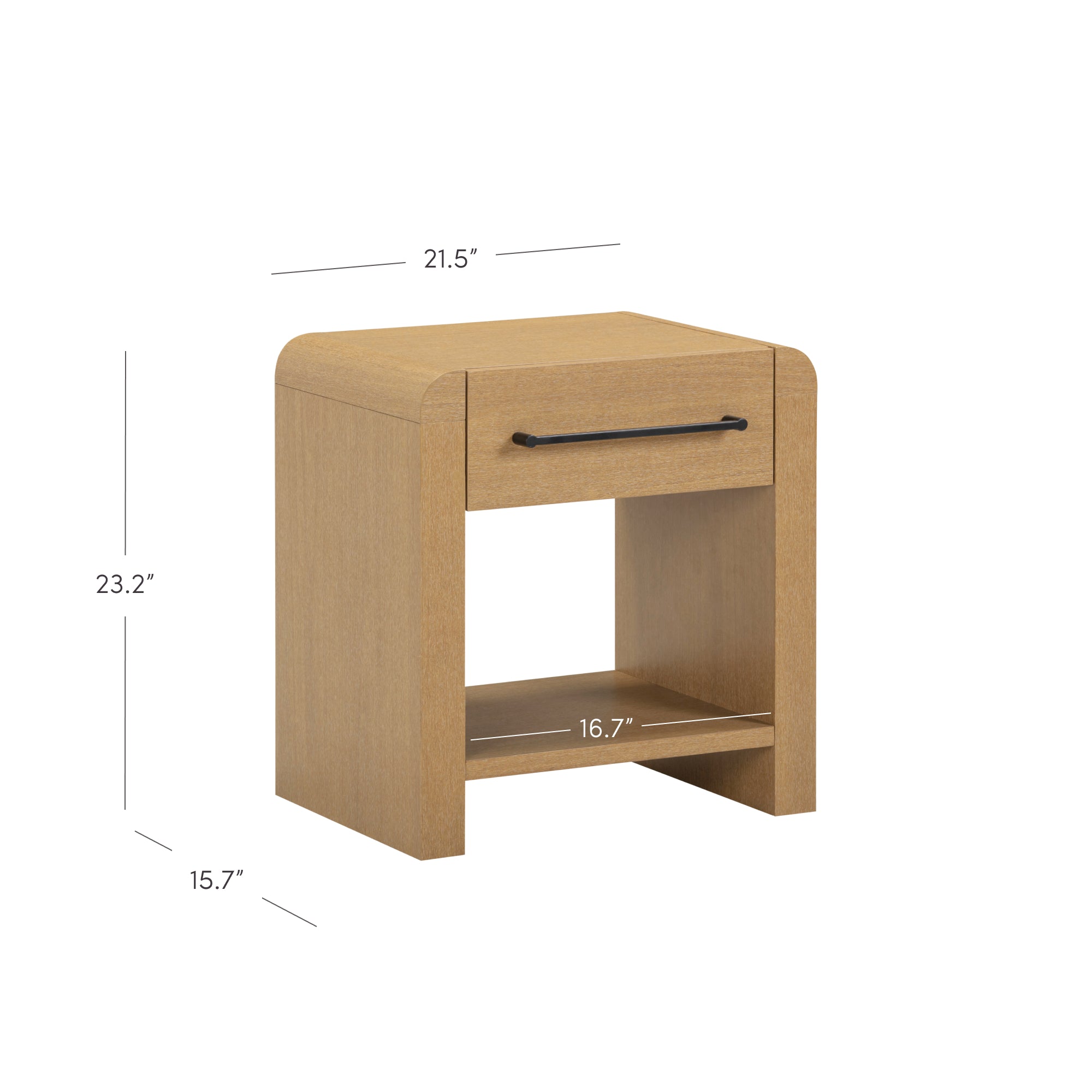 Light wood nightstand with one drawer and an open lower shelf. The nightstand measures 23.2 inches tall, 21.5 inches wide, and 15.7 inches deep. The lower shelf width is 16.7 inches.