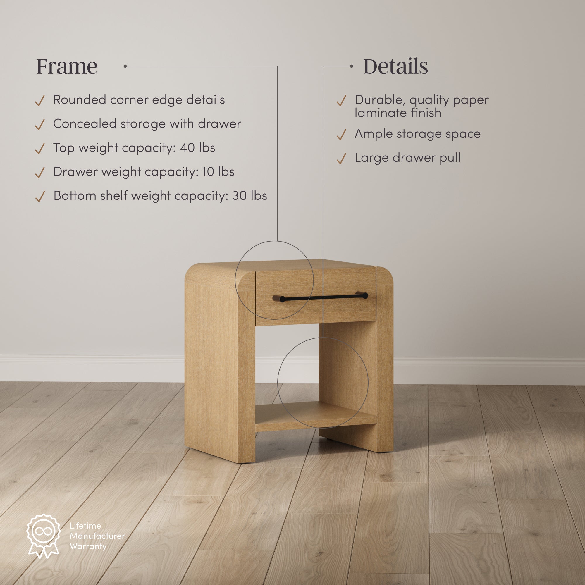 A light wood nightstand with rounded edges is shown in a minimal room. Text highlights features like a concealed drawer, large drawer pull, and weight capacities. A lifetime warranty icon is in the bottom left corner.