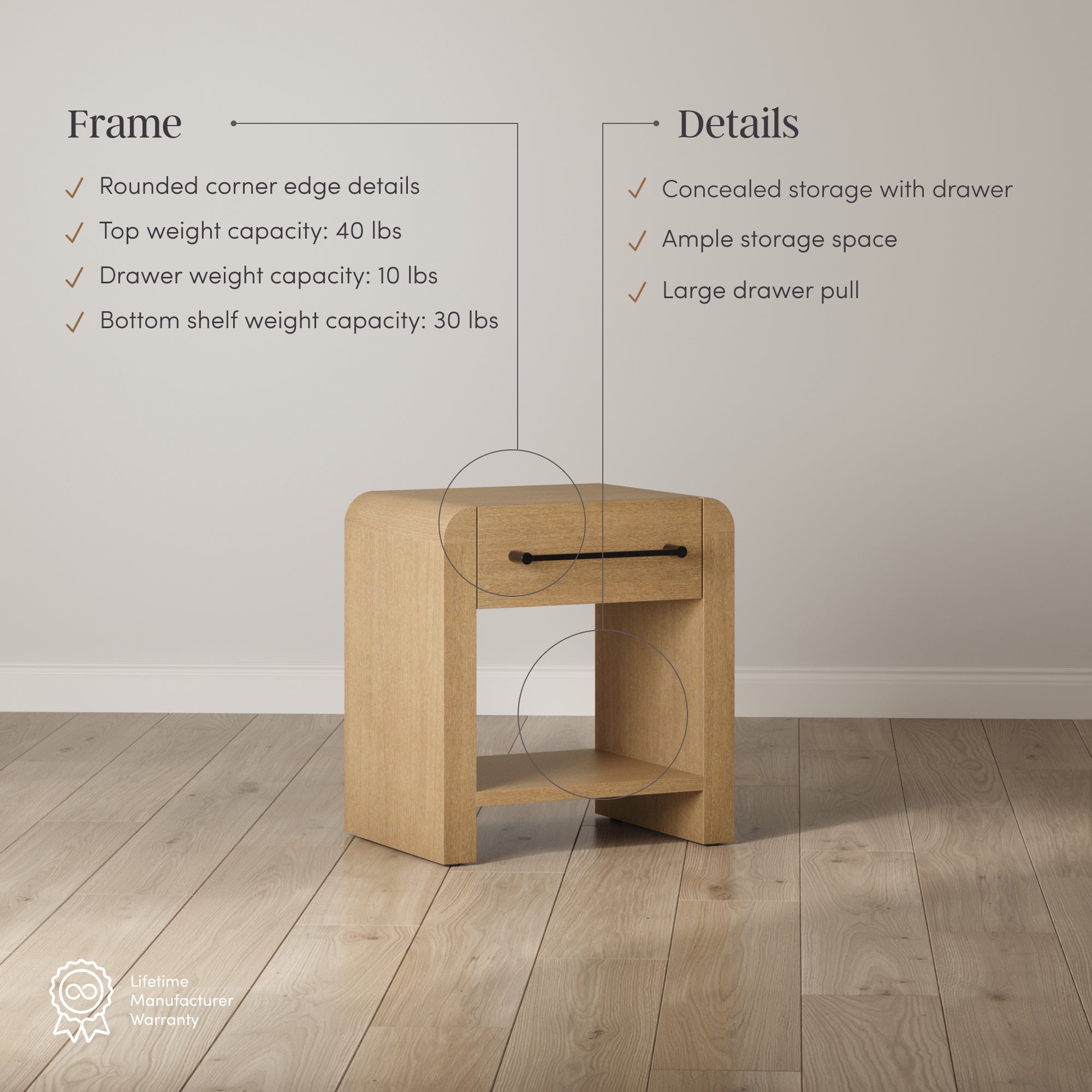 Benjamin Nightstand Wood Light Brown 1-Drawer | Nathan James