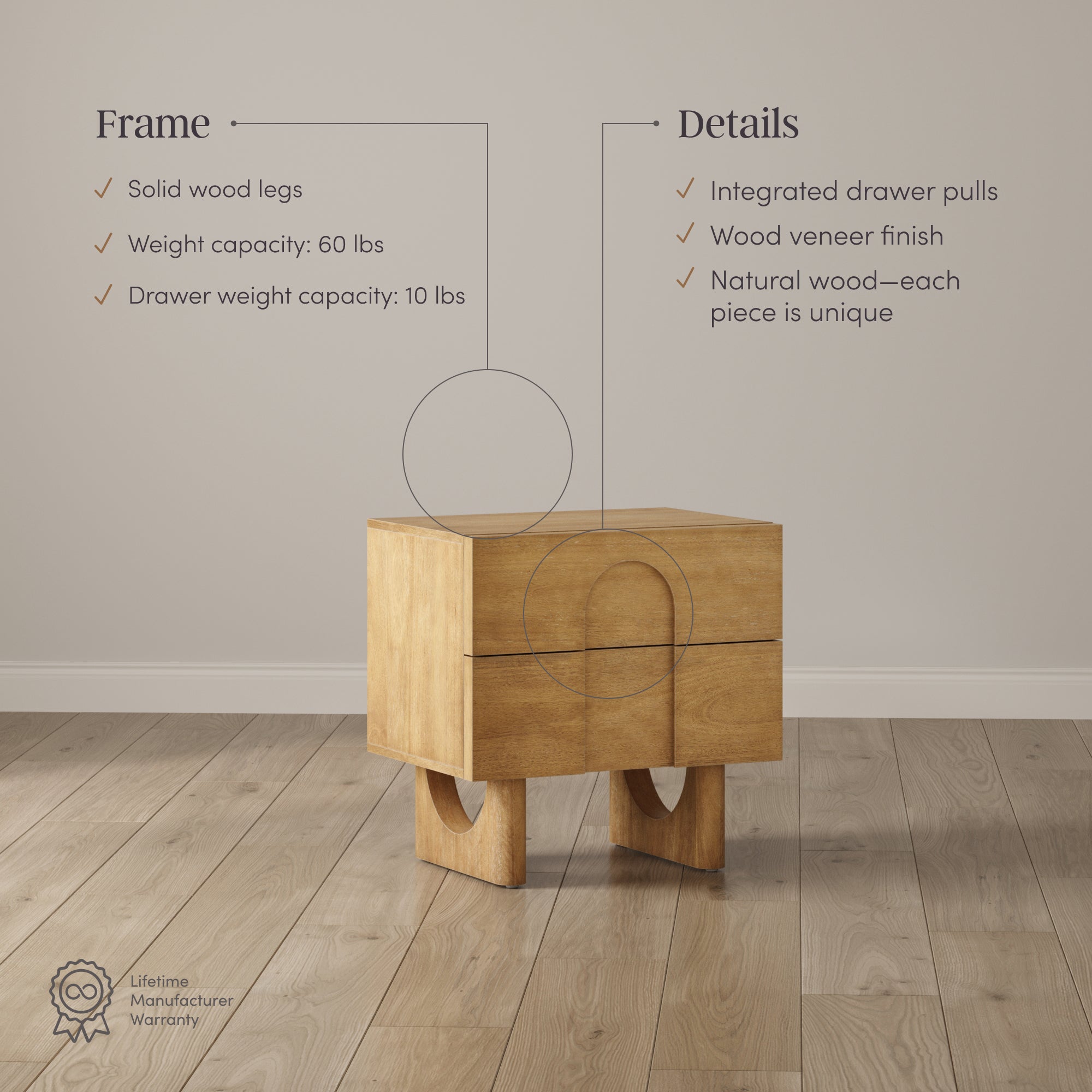 Wooden Bedside Table with Drawers and Solid Wood Legs - Thumbnail 5