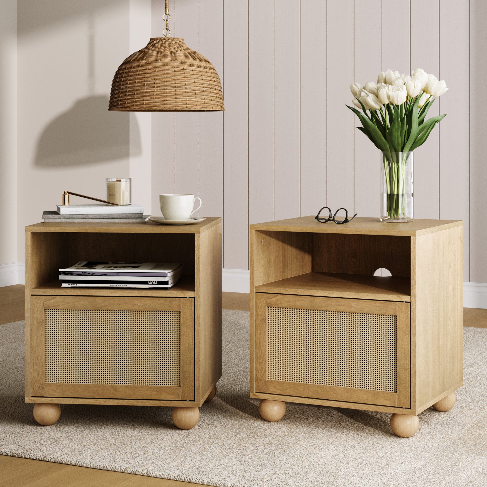 Coastal Rattan & Wood Nightstand with Storage (Set of 2)