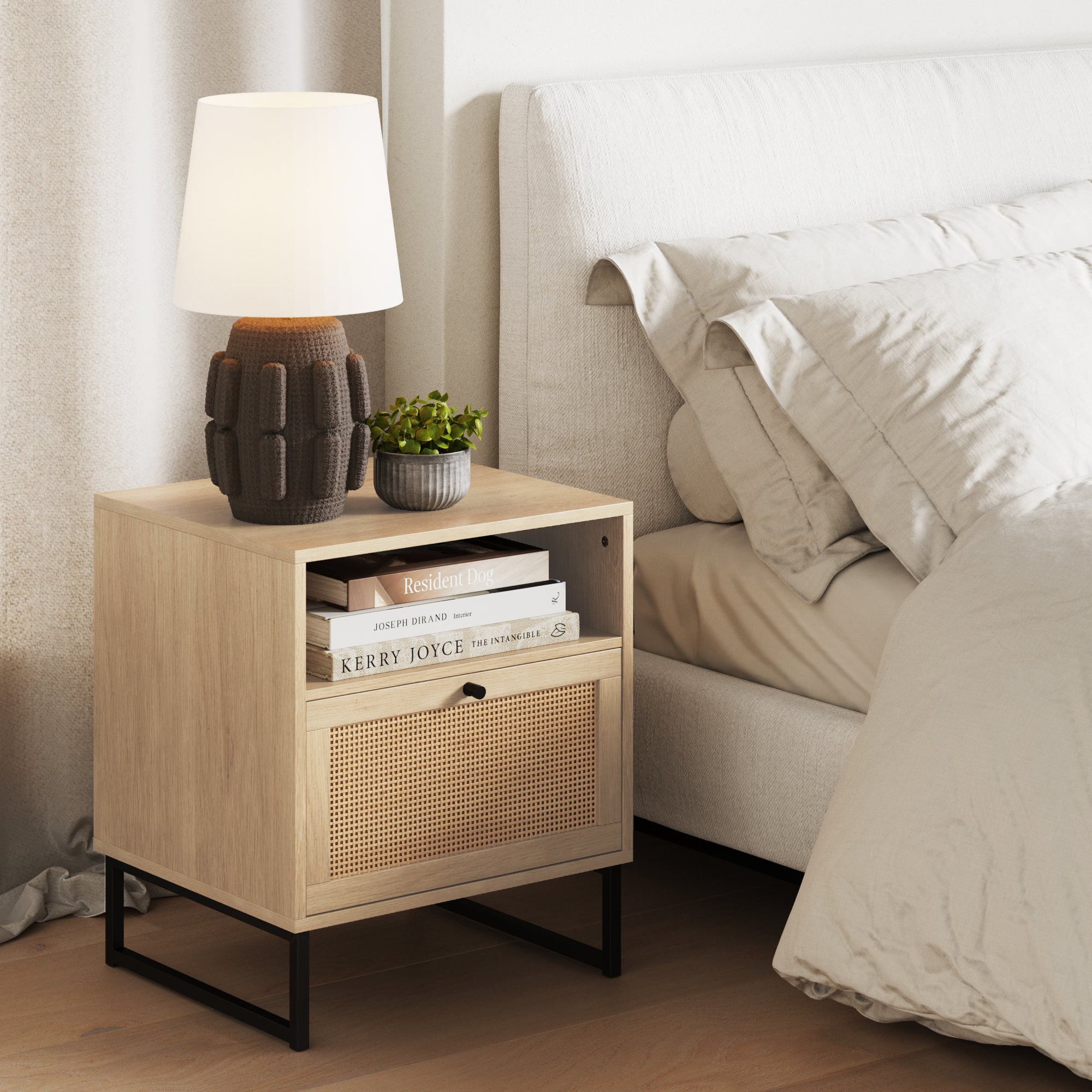 mina mina campNatural　Signature　ラック Boho Mina Rattan Wood Nightstand Storage Cabinet Walnut | Nathan James