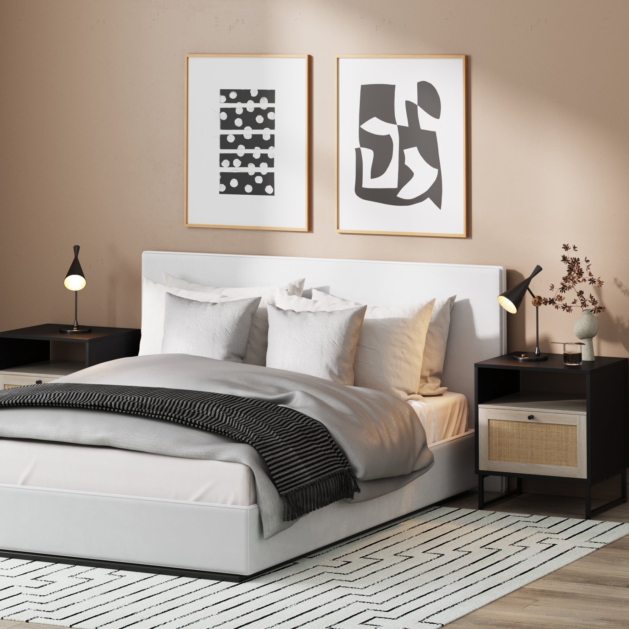 Rattan & Wood Nightstands Black (Set of 2) - Thumbnail 4