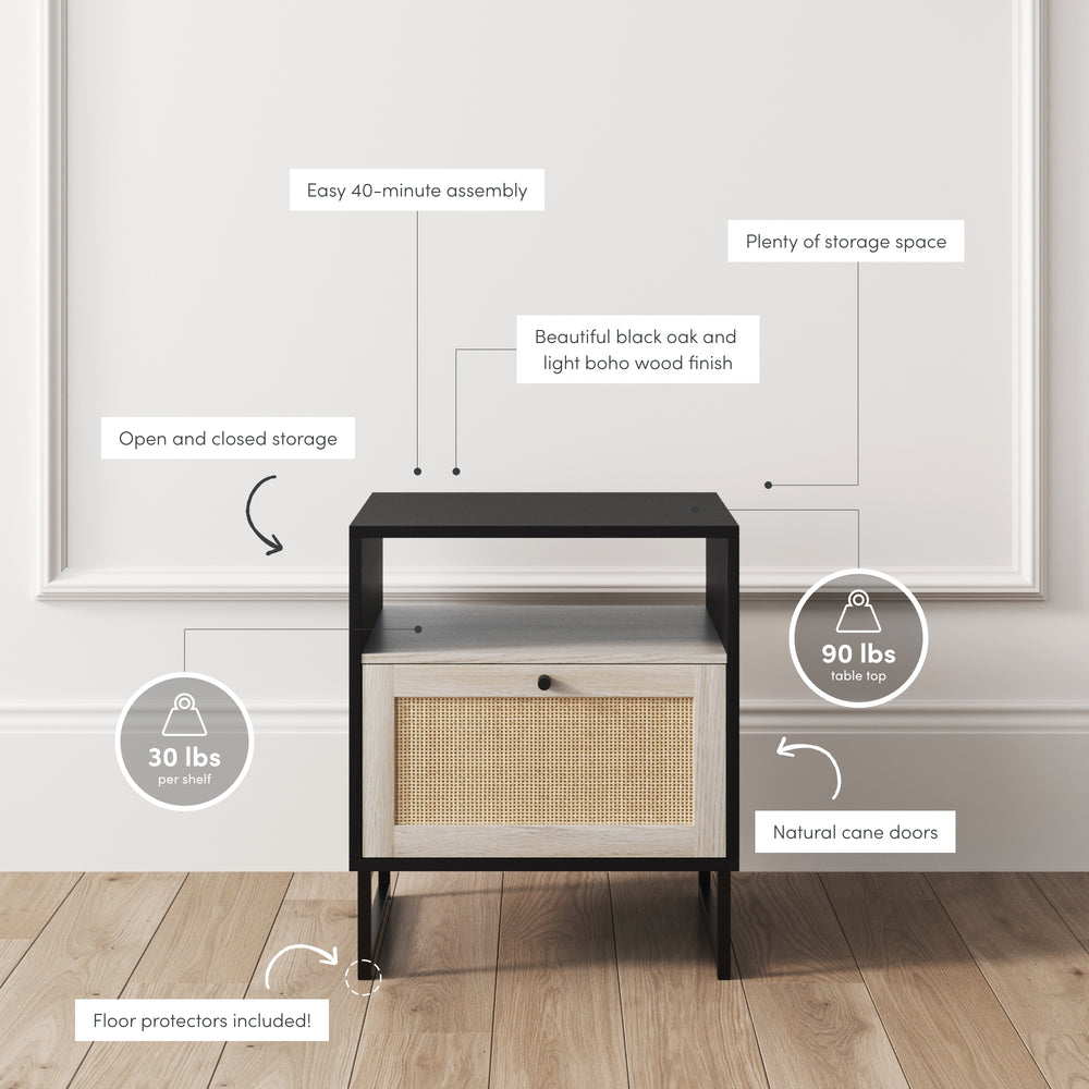 Boho Mina Rattan Wood Nightstand Storage Black Nathan James