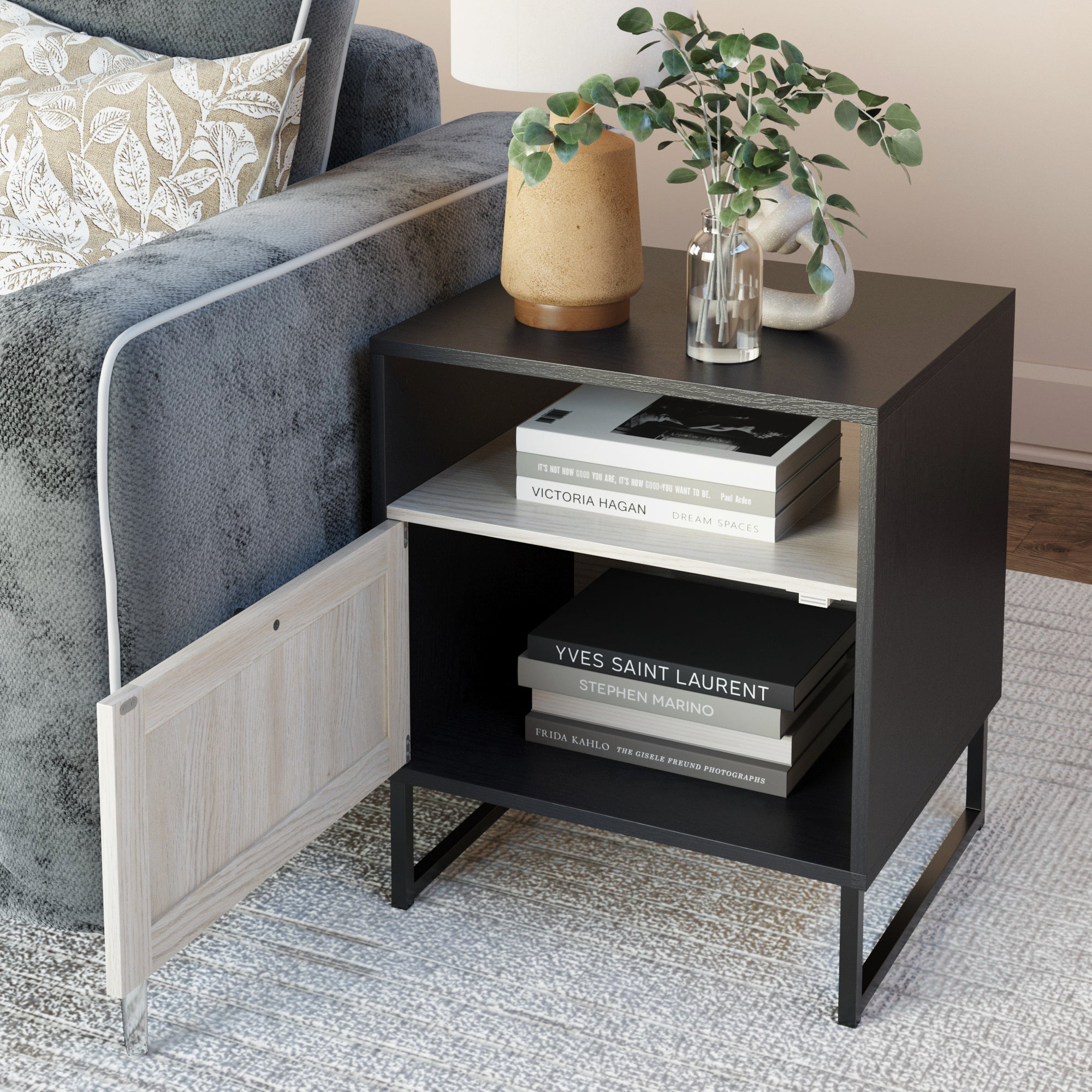 Boho Mina Rattan Wood Nightstand Storage Cabinet Black | Nathan James