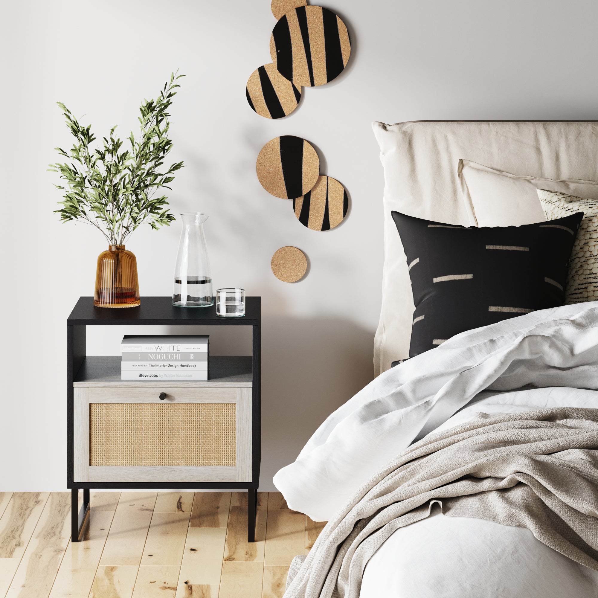 Boho Mina Rattan Nightstand Storage Cabinet Black Set of 2