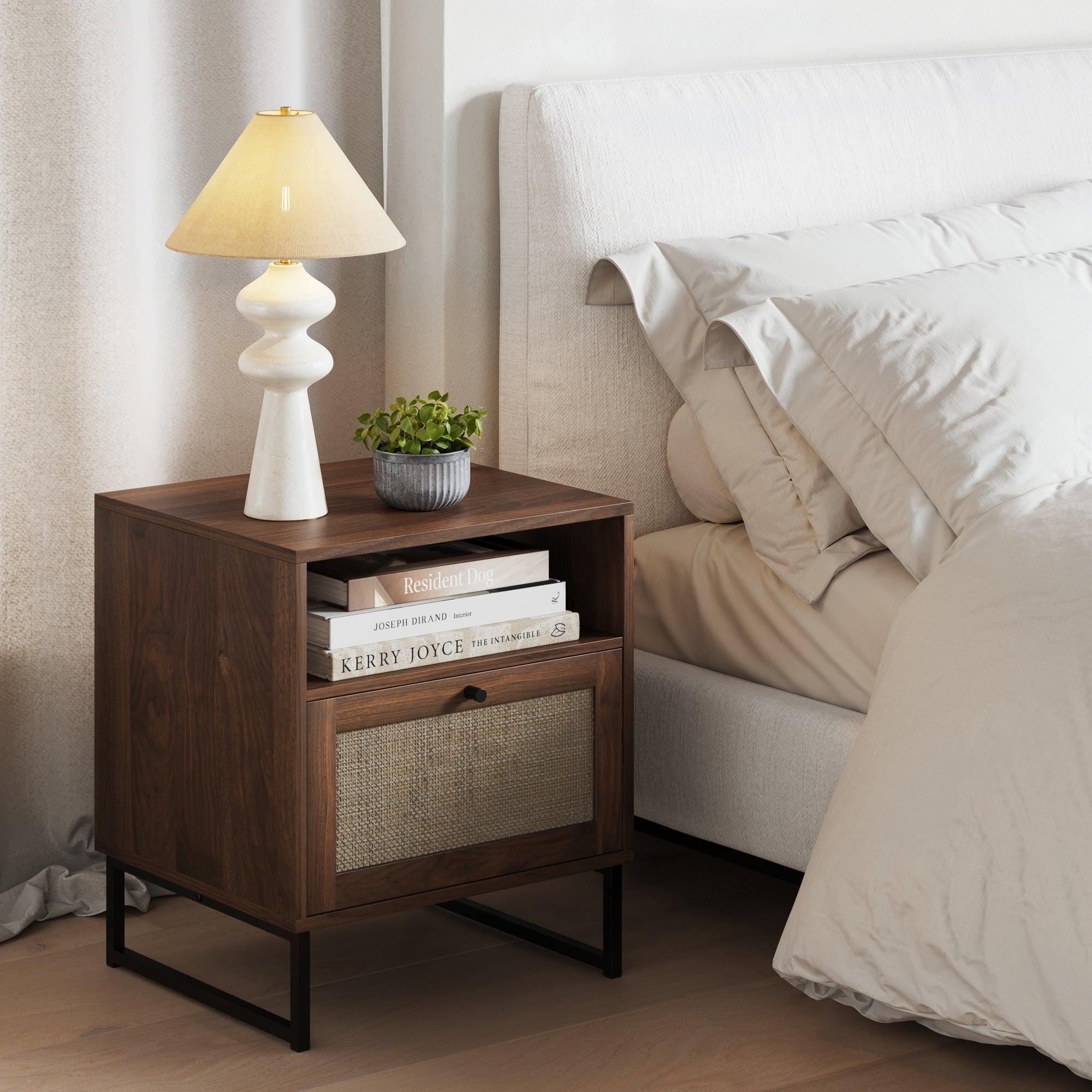 Boho Mina Rattan Wood Nightstand Storage Cabinet Walnut | Nathan James