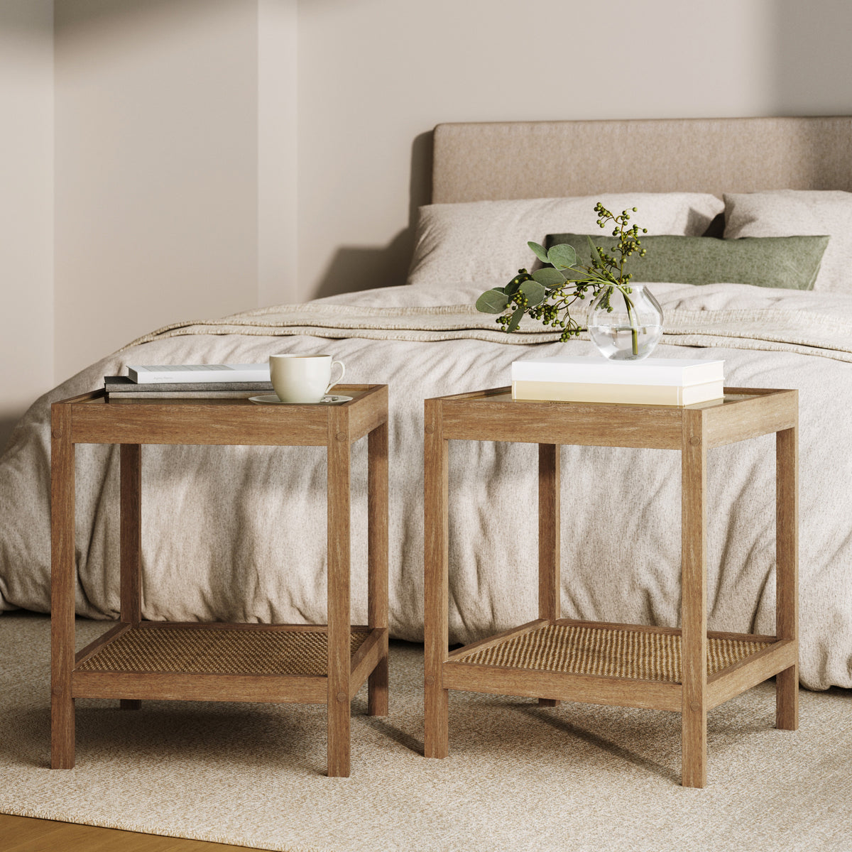 Modern Rattan & Wood Nightstand Glass Top Brown (Set of 2) - Nathan James
