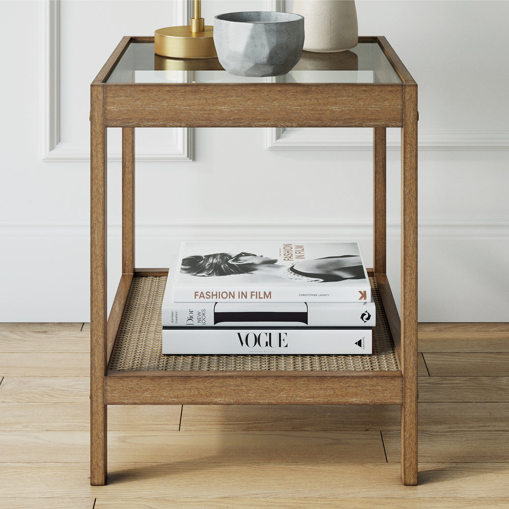 サイドテーブル・ナイトテーブル・ローテーブル Rattan glass top side table Hayes Side Table Wood Rattan Glass Top Light Brown | Nathan James