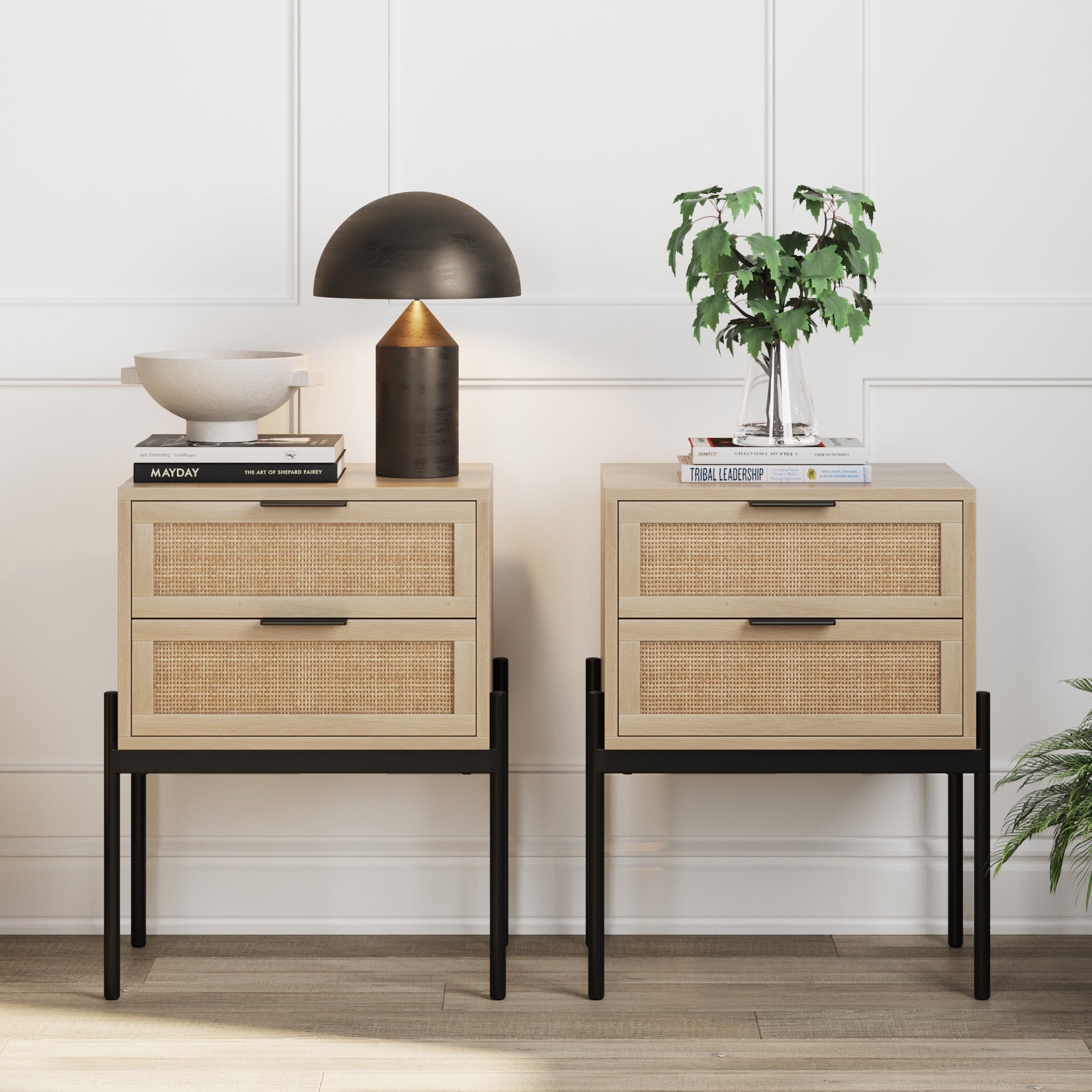 Rattan Nightstands Light Oak (Set of 2)