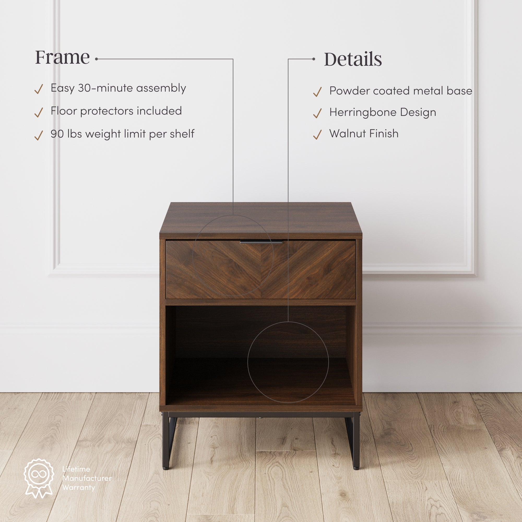 Kensi Farmhouse Walnut Nightstand Open Cubby & Drawer | Nathan James