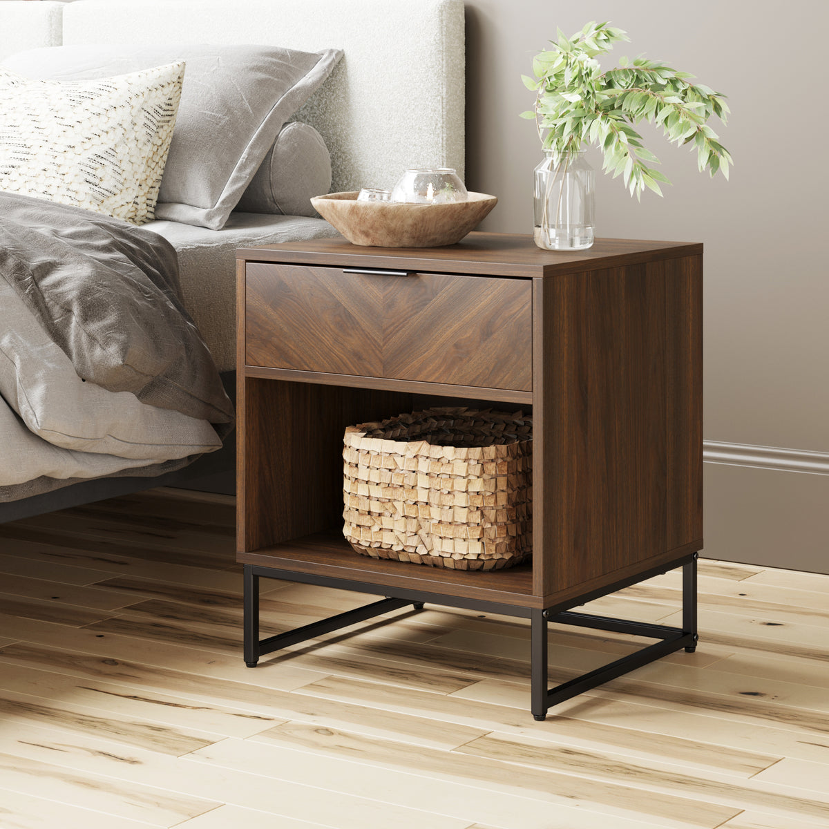 Kensi Farmhouse Walnut Nightstand Open Cubby & Drawer Nathan James