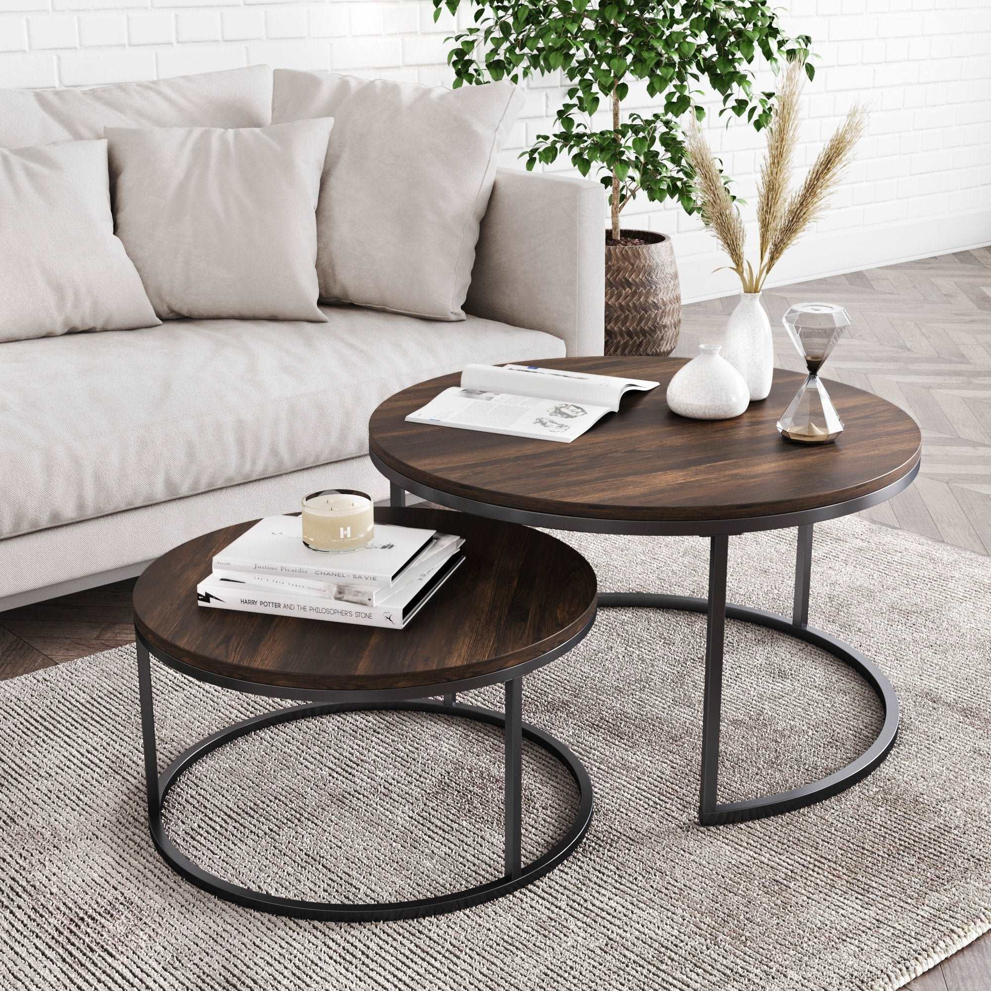 Nathan James Stella Round Nesting or Stacking Coffee Table Set of 2 Wood Finish