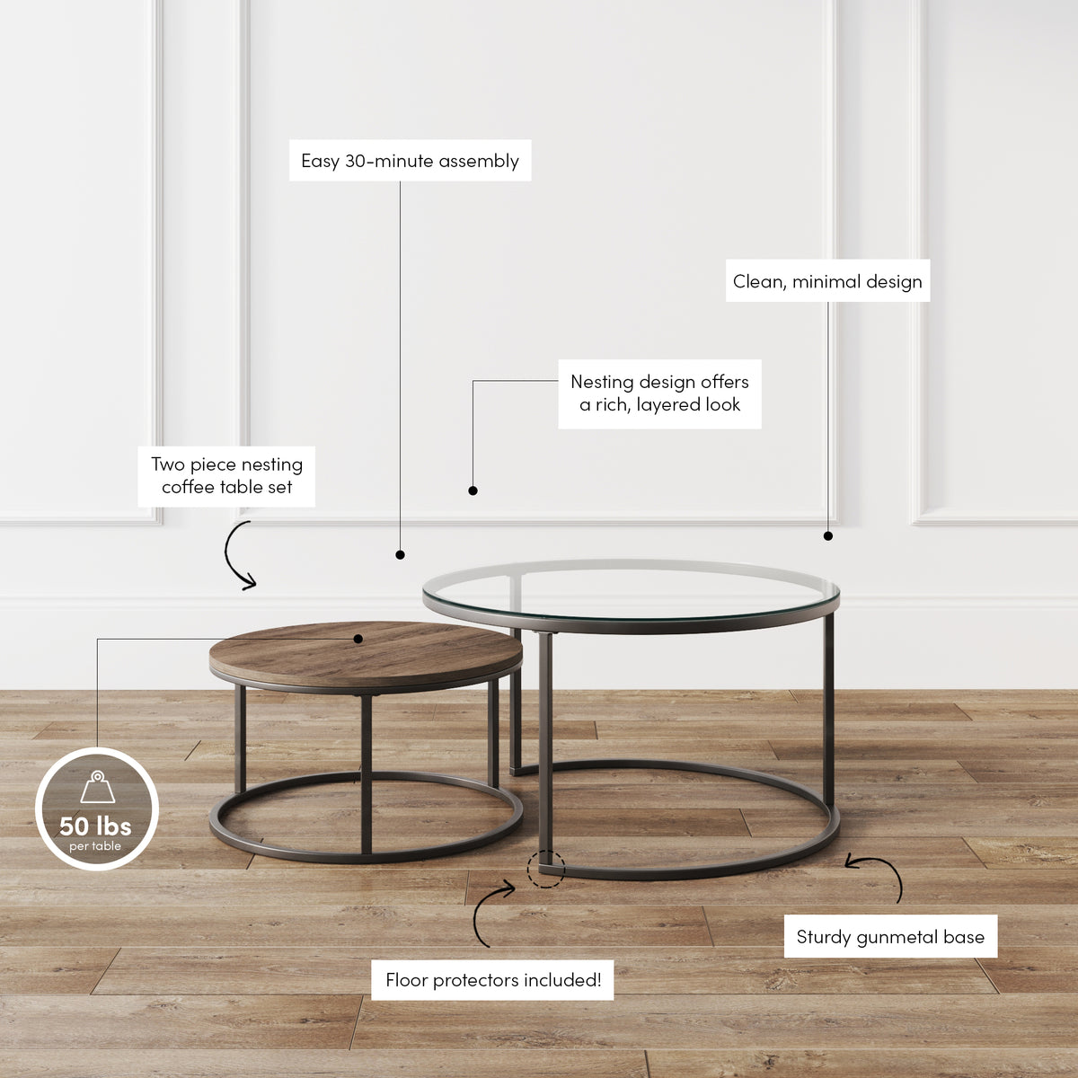 Stella Round Nesting Coffee Table Gunmetal Frame | Nathan James