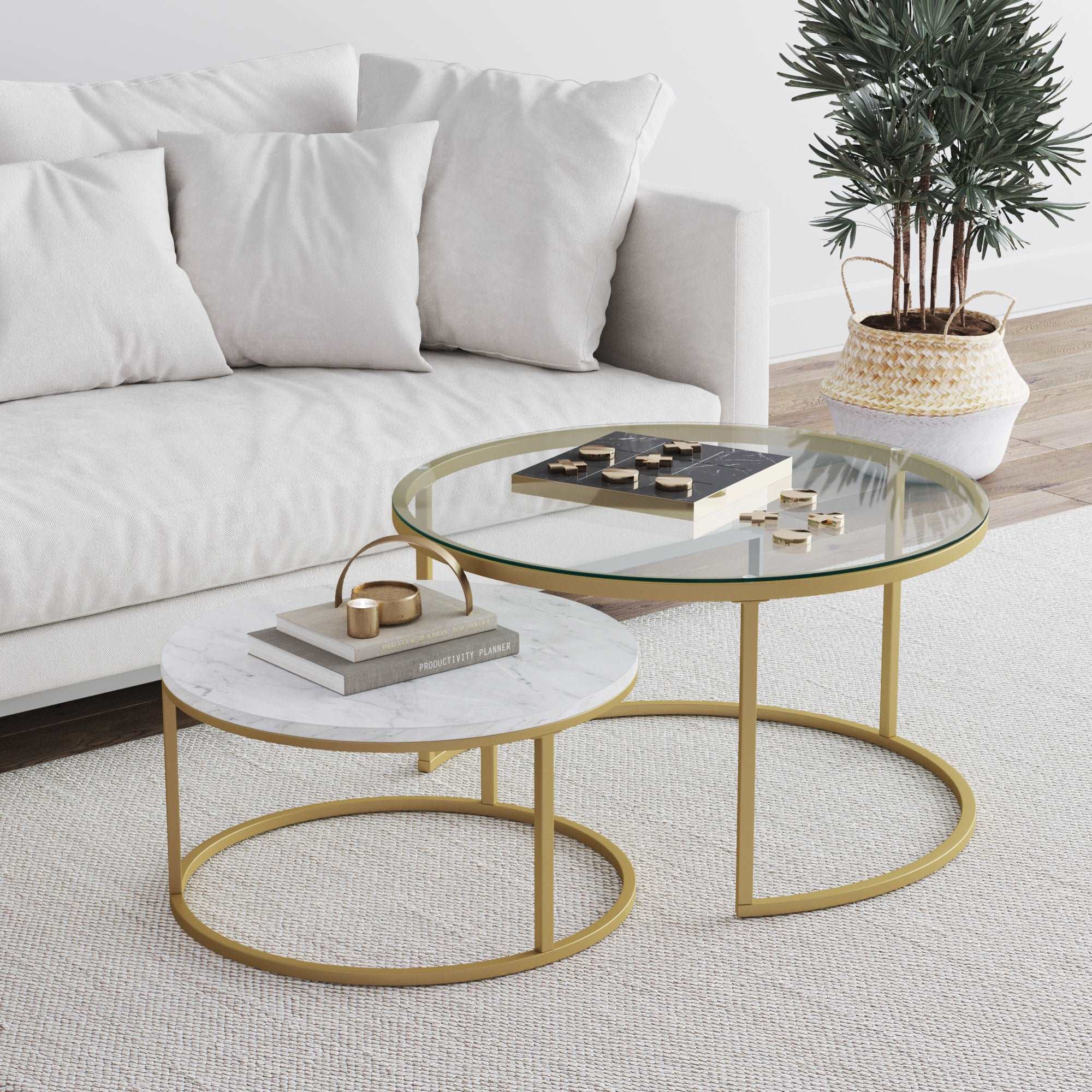 Faux Marble & Glass Nesting Coffee Table Matte White Marble-Gold