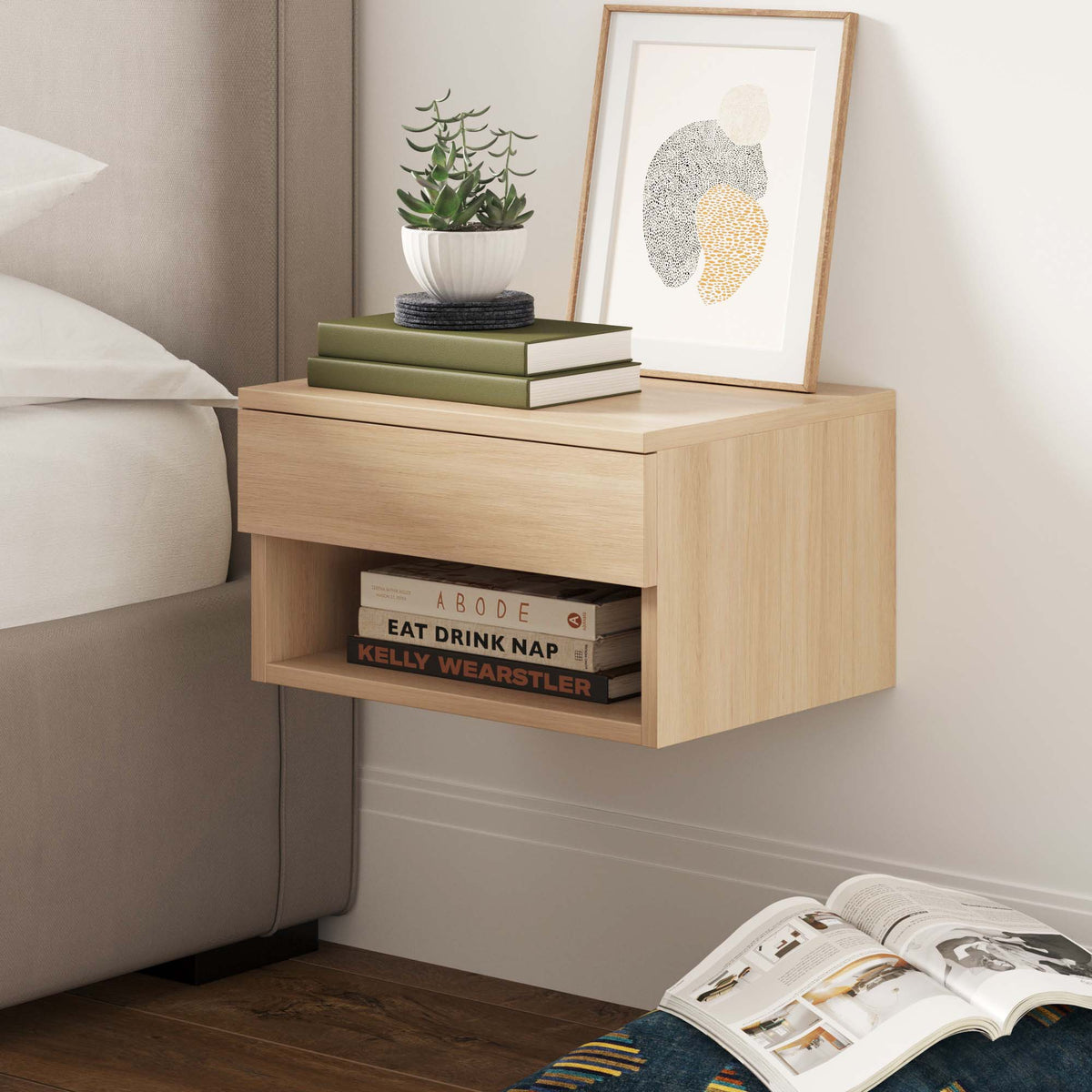 Floating Nightstand Jackson Wood Floating Nightstand Open Shelf Light Oak | Nathan James