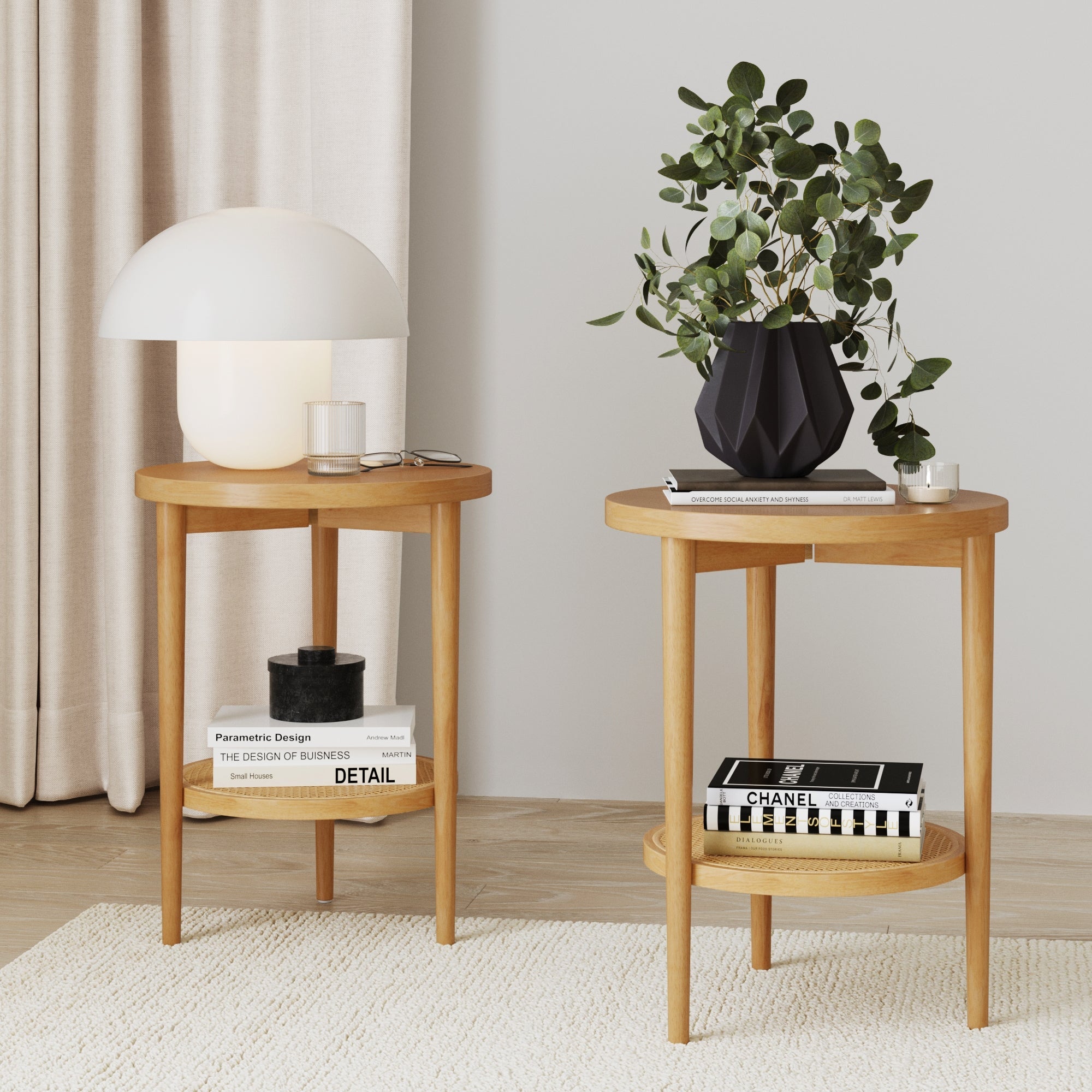 Wood Rattan Round End Tables Warm Pine (Set of 2)
