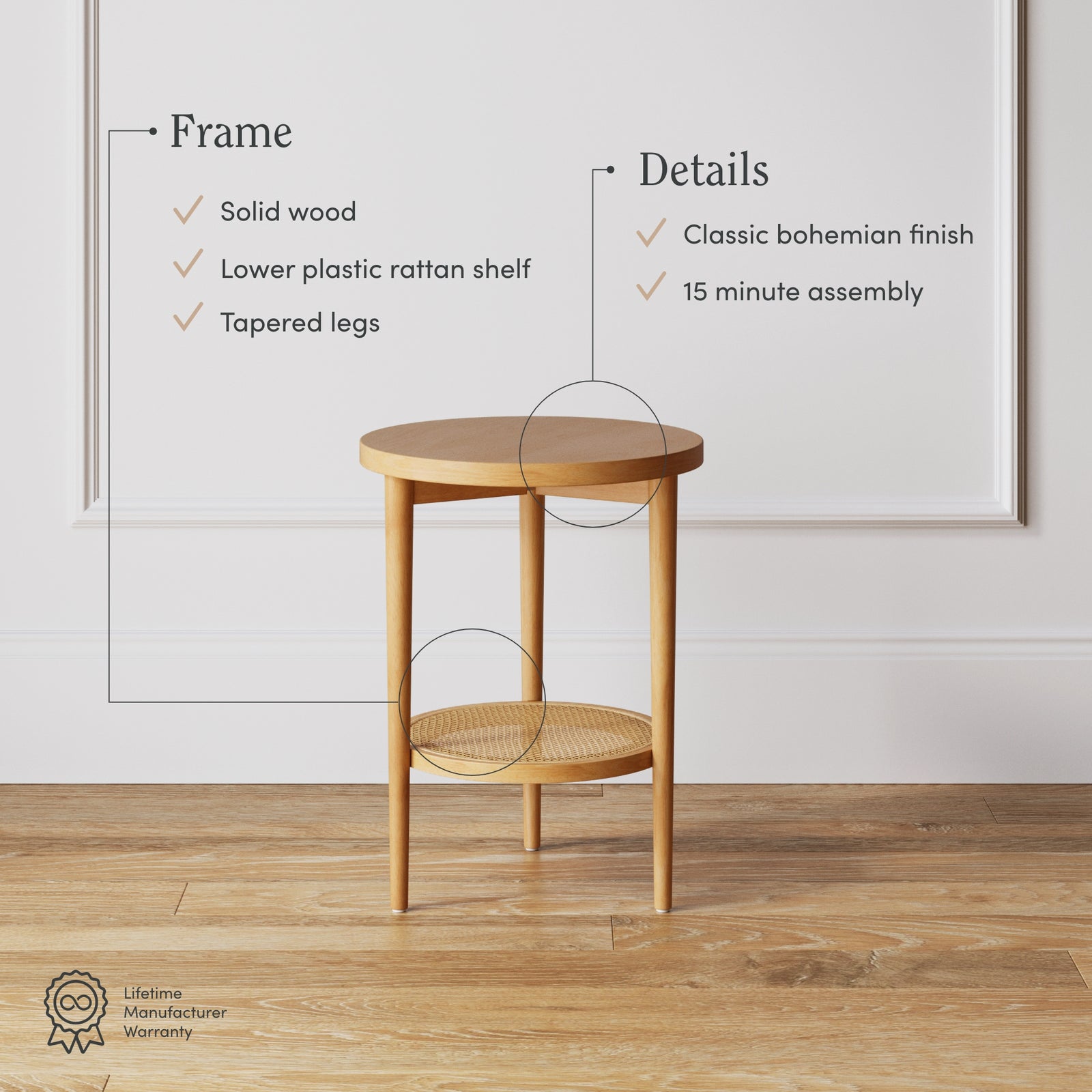 Boho Sonia Rattan Round Wood Side End Table Warm Pine | Nathan James