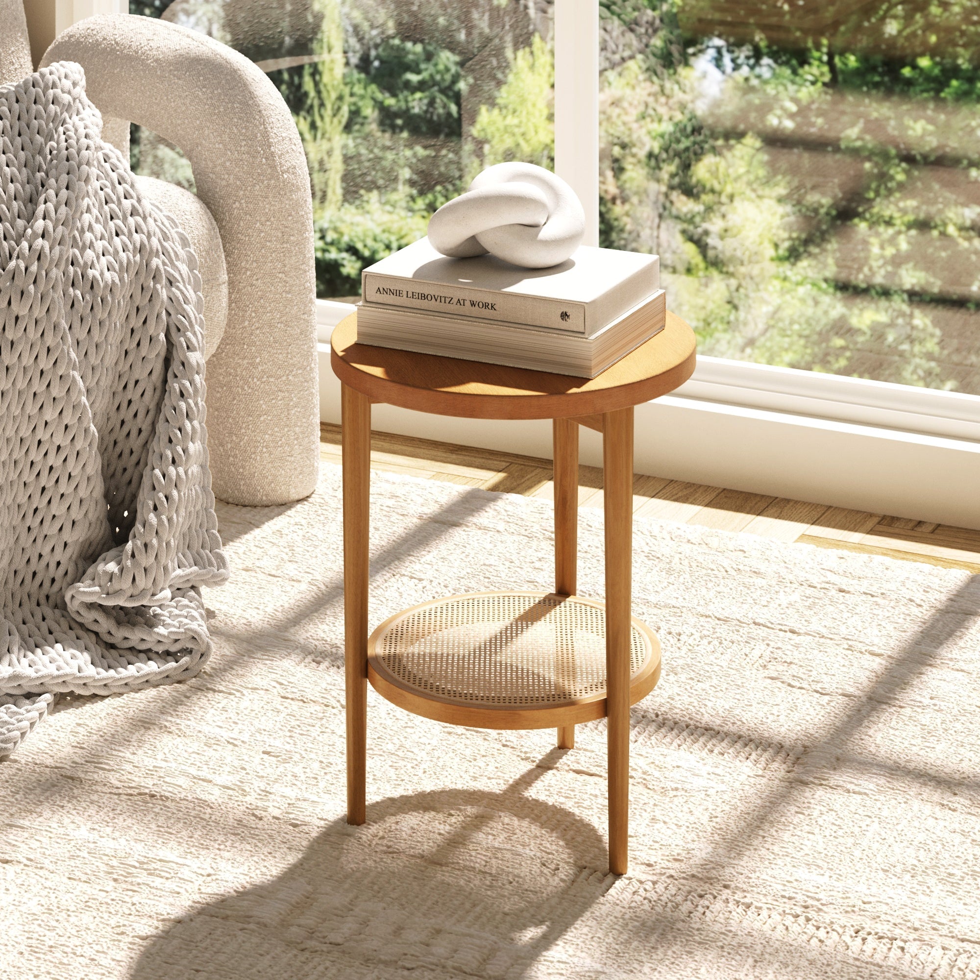 Wood & Rattan Round End Table Honey Brown