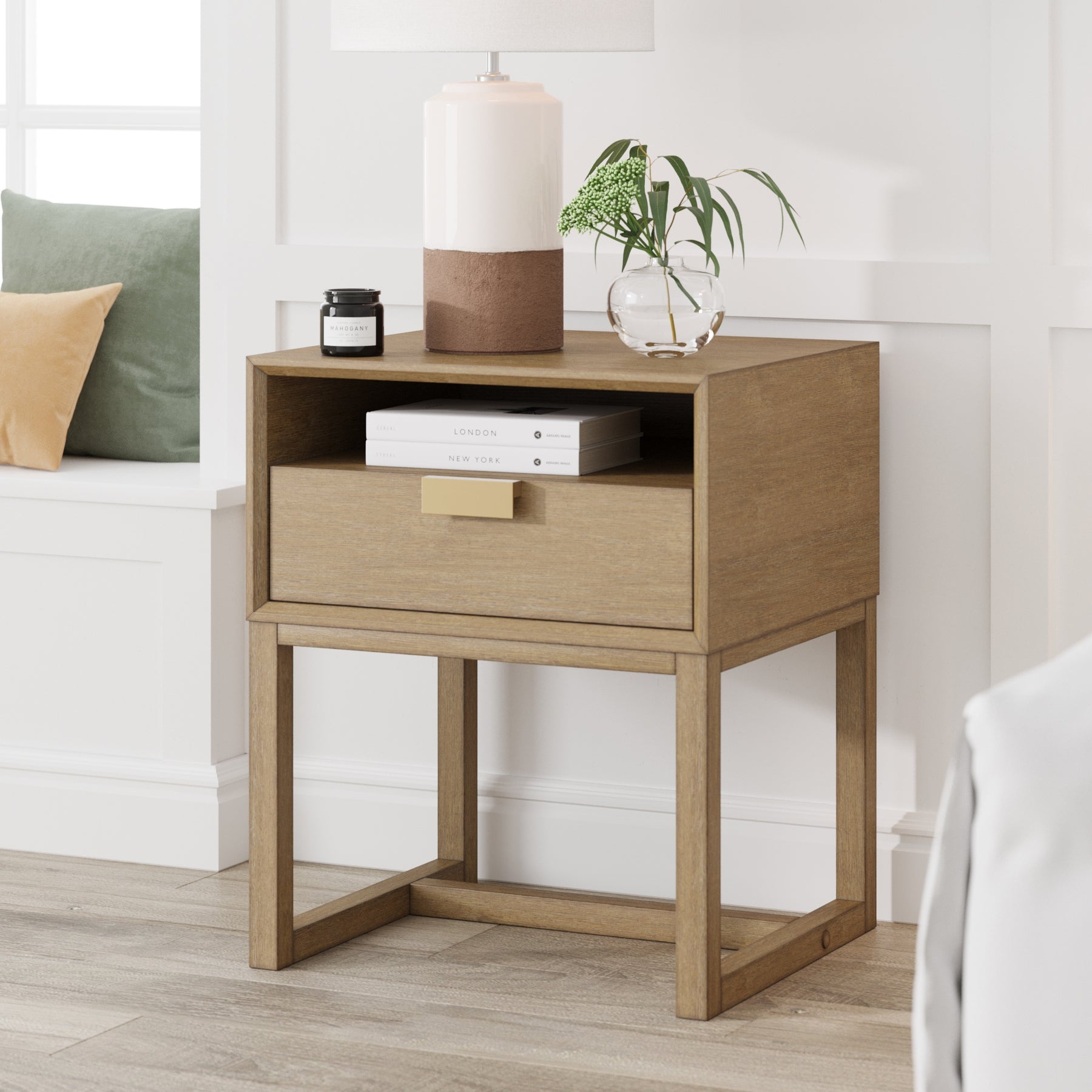 Luke Modern Light Brown Wood Nightstand with Drawer Nathan James