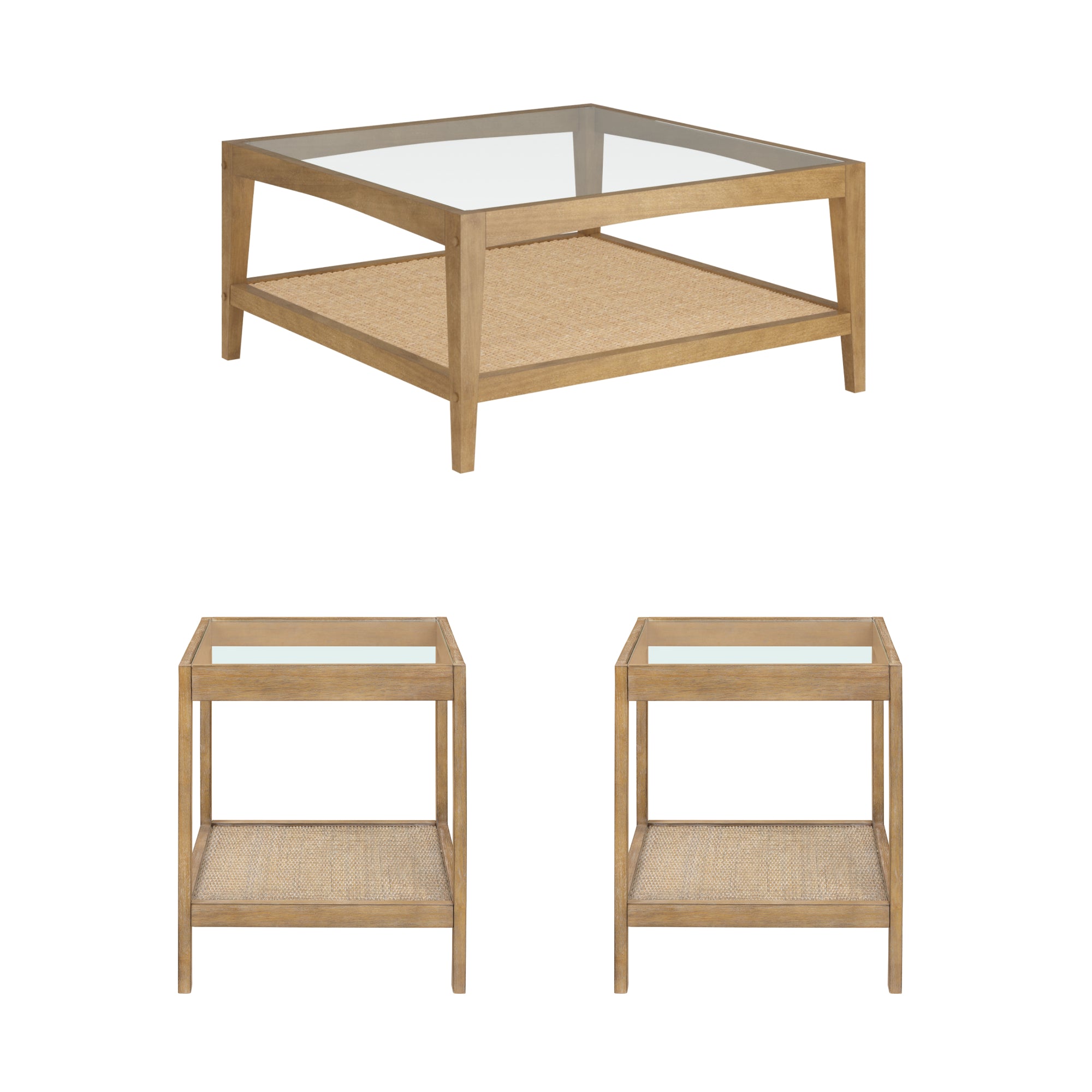 Nathan James Hayes Glass 3-Piece Coffee Table Living Room Set with Rattan Shelf