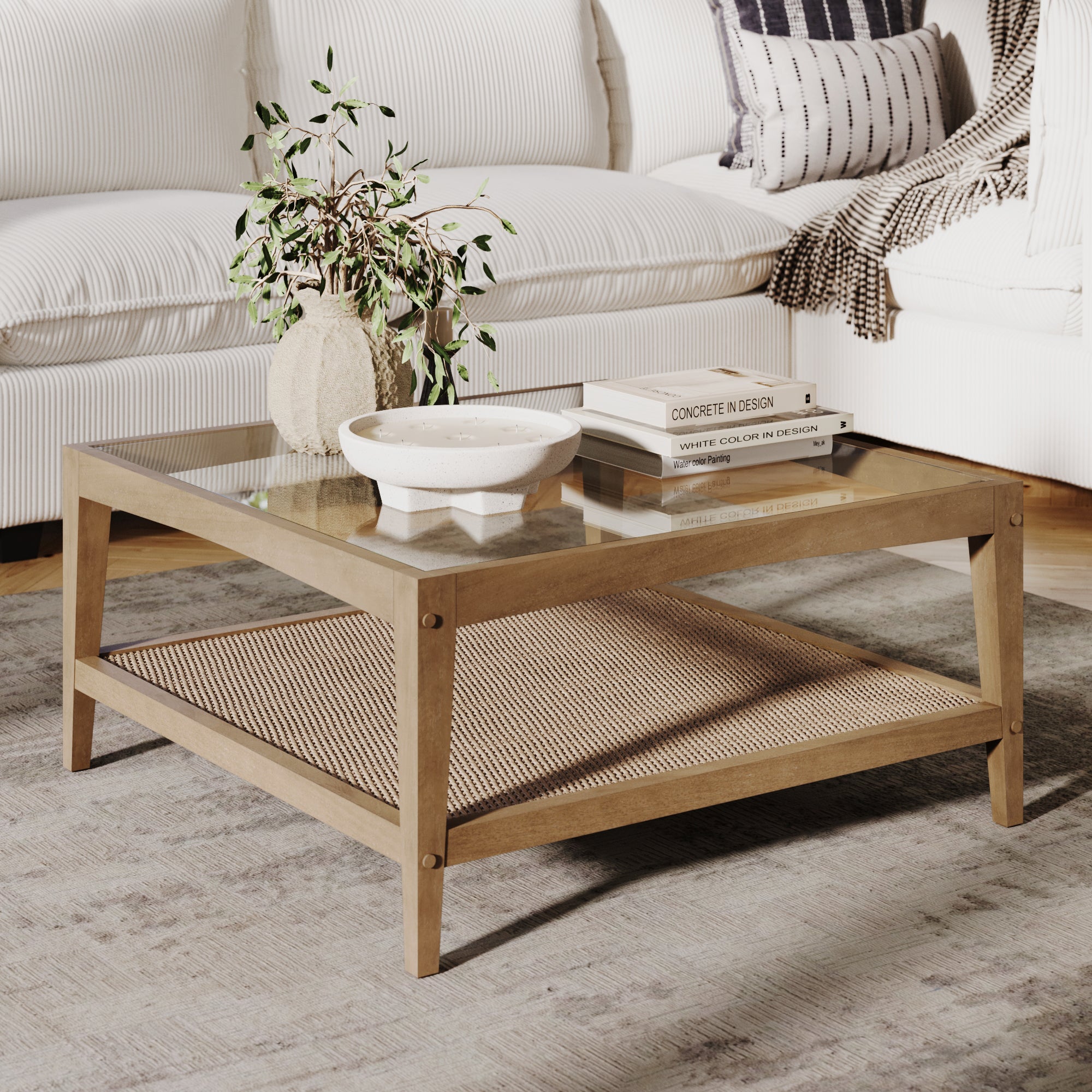 Hayes Square Glass Rattan Coffee Table with Solid Wood Legs