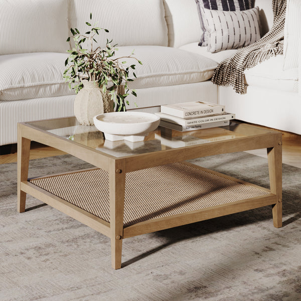 Solid Wood, Rattan & Glass Top End Table