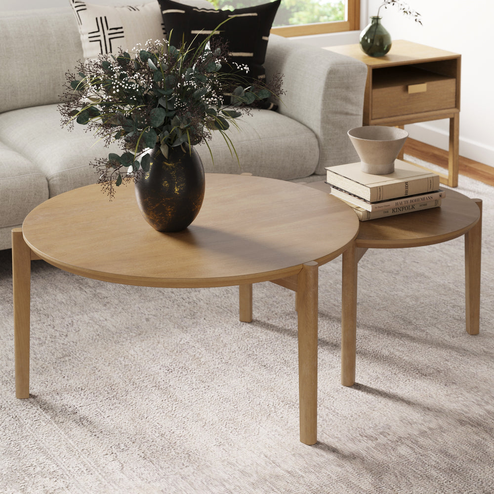 Kendall Mid-Century Round Light Brown Wood Coffee Table | Nathan James