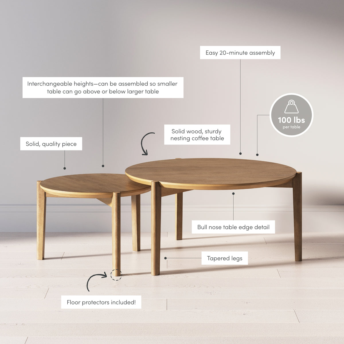 Kendall Mid-Century Round Wood Nesting Coffee Table | Nathan James