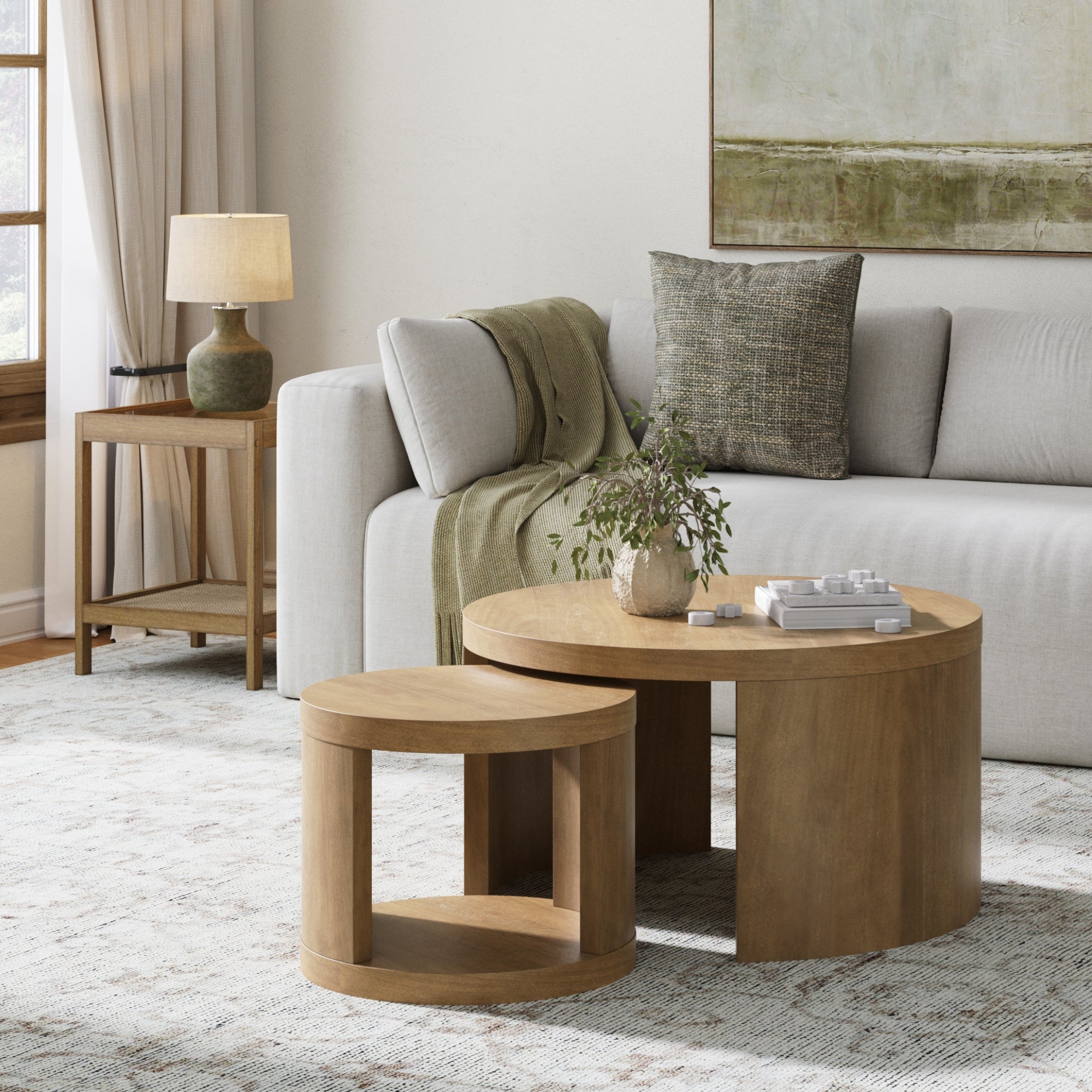Round Wood Nesting Coffee Table Set Light Brown