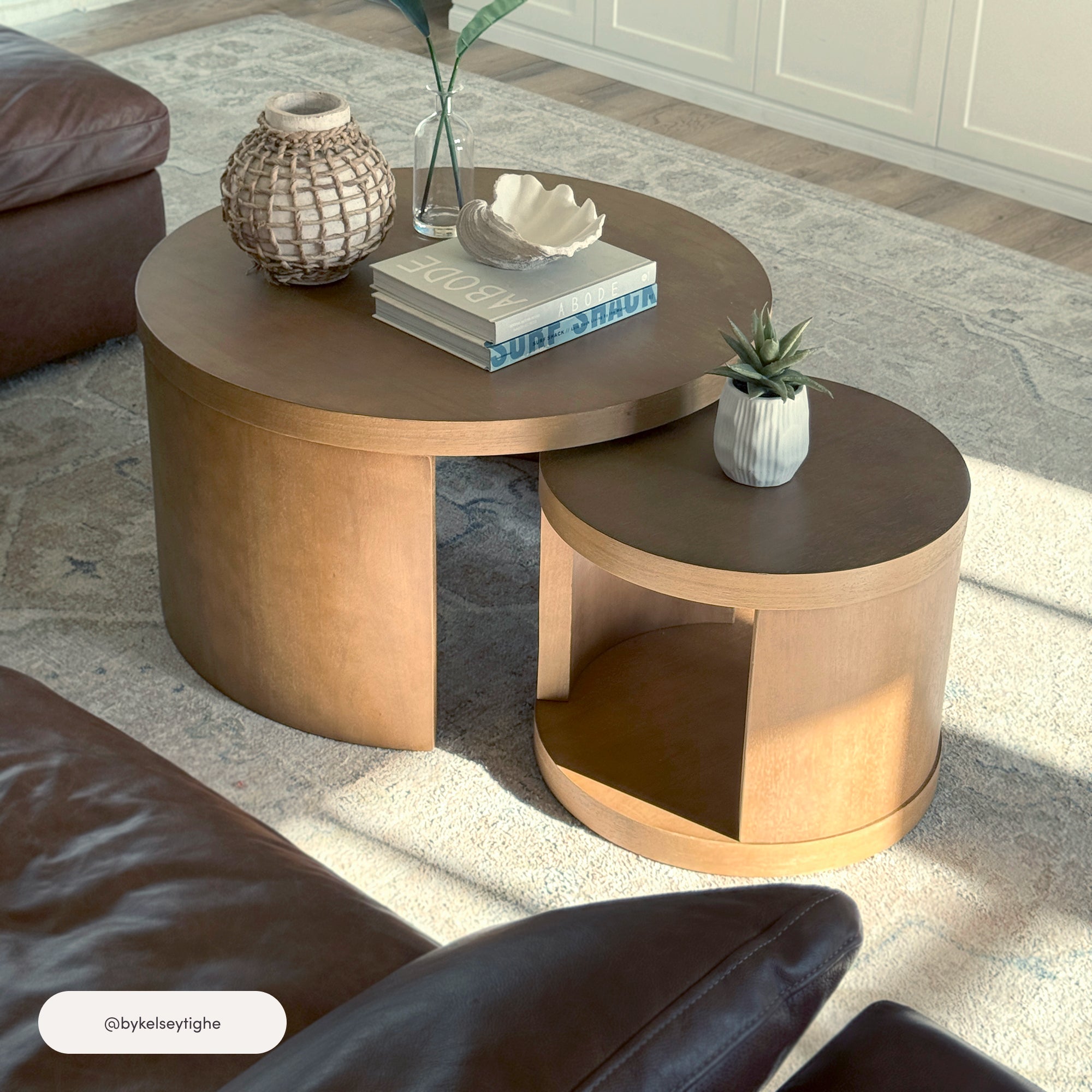 Uchu Round Wood Nesting Coffee Table Set Light Brown | Nathan James