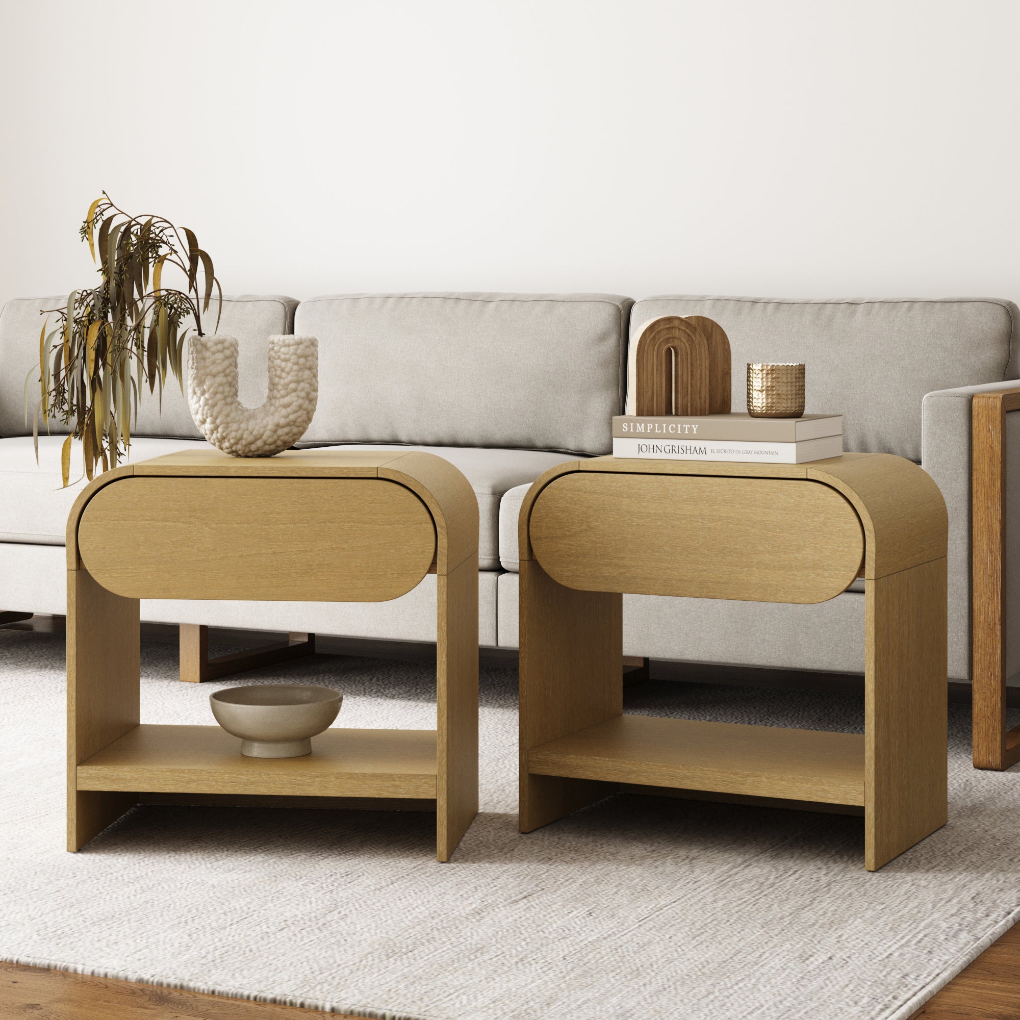 Mid-Century Wood Arched Nightstands Warm Oak (Set of 2)