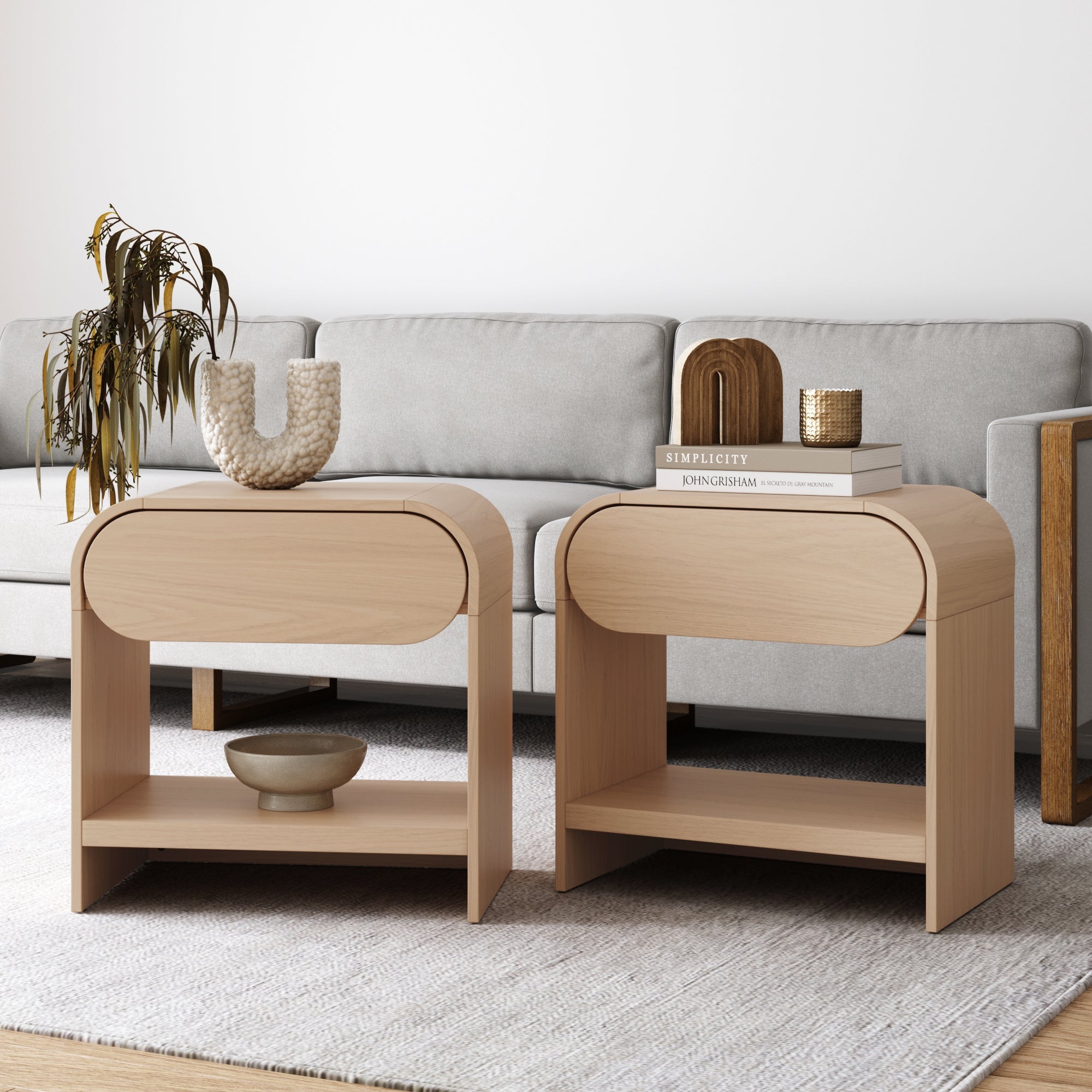 Iris Mid Century Modern Arched Nightstand Oak Set of 2 | Nathan James